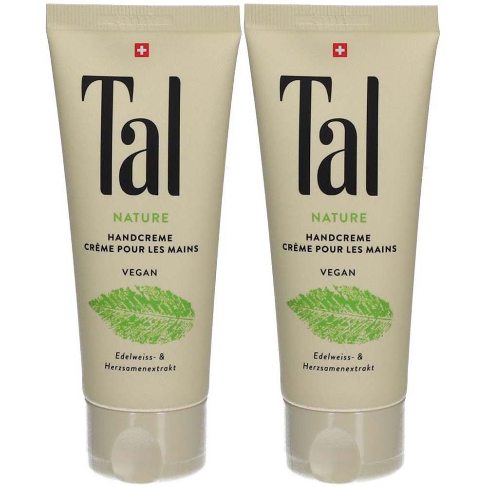 Zwei Tuben Handcreme. Aufschrift: Tal, Nature, Handcreme, Vegan. Schweizer Kreuz. Mit Edelweiß- und Herzsamenextrakt.