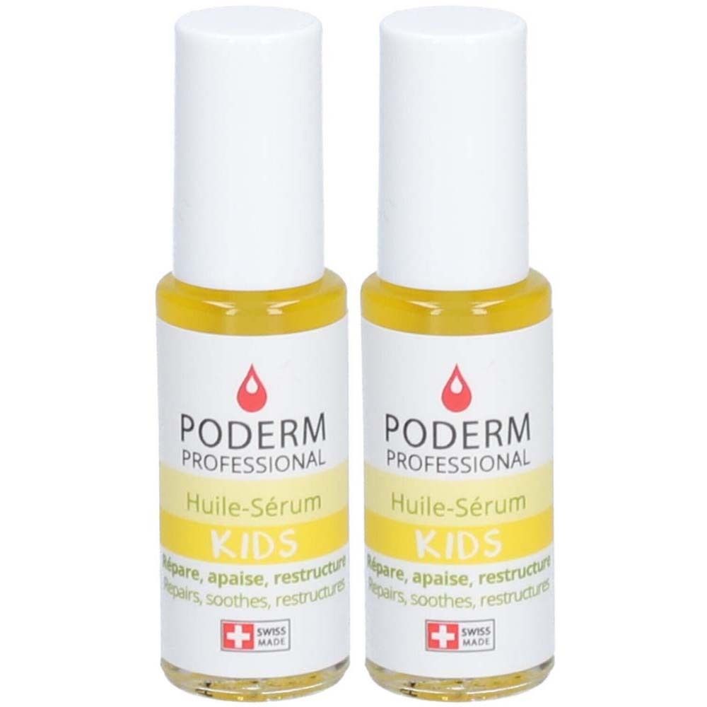 Twee flesjes Poderm Huile-Sérum KIDS. Witte doppen, gele serum, etiket met logo en tekst. Swiss Made.