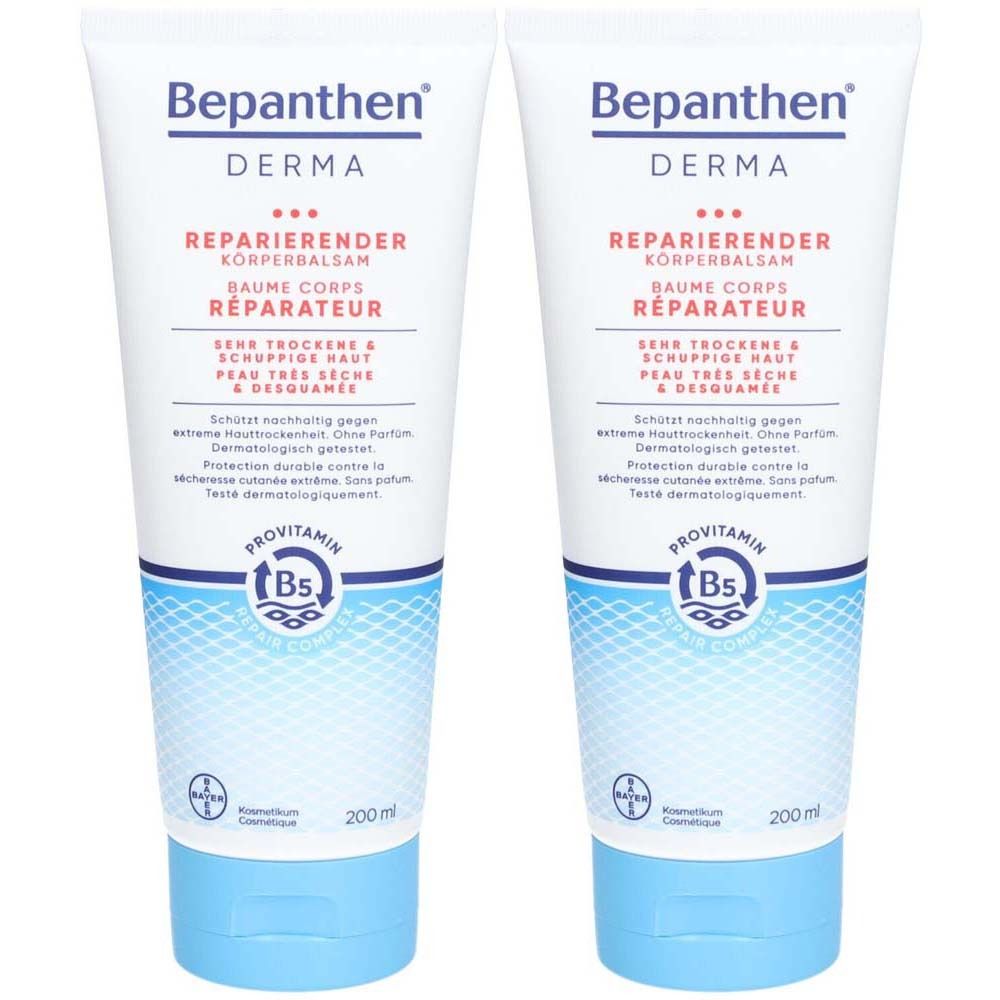 Zwei Tuben Bepanthen Derma Reparierender Körperbalsam. Weiße Tuben mit blauer Schrift und blauer Kappe. Enthält Provitamin B5.