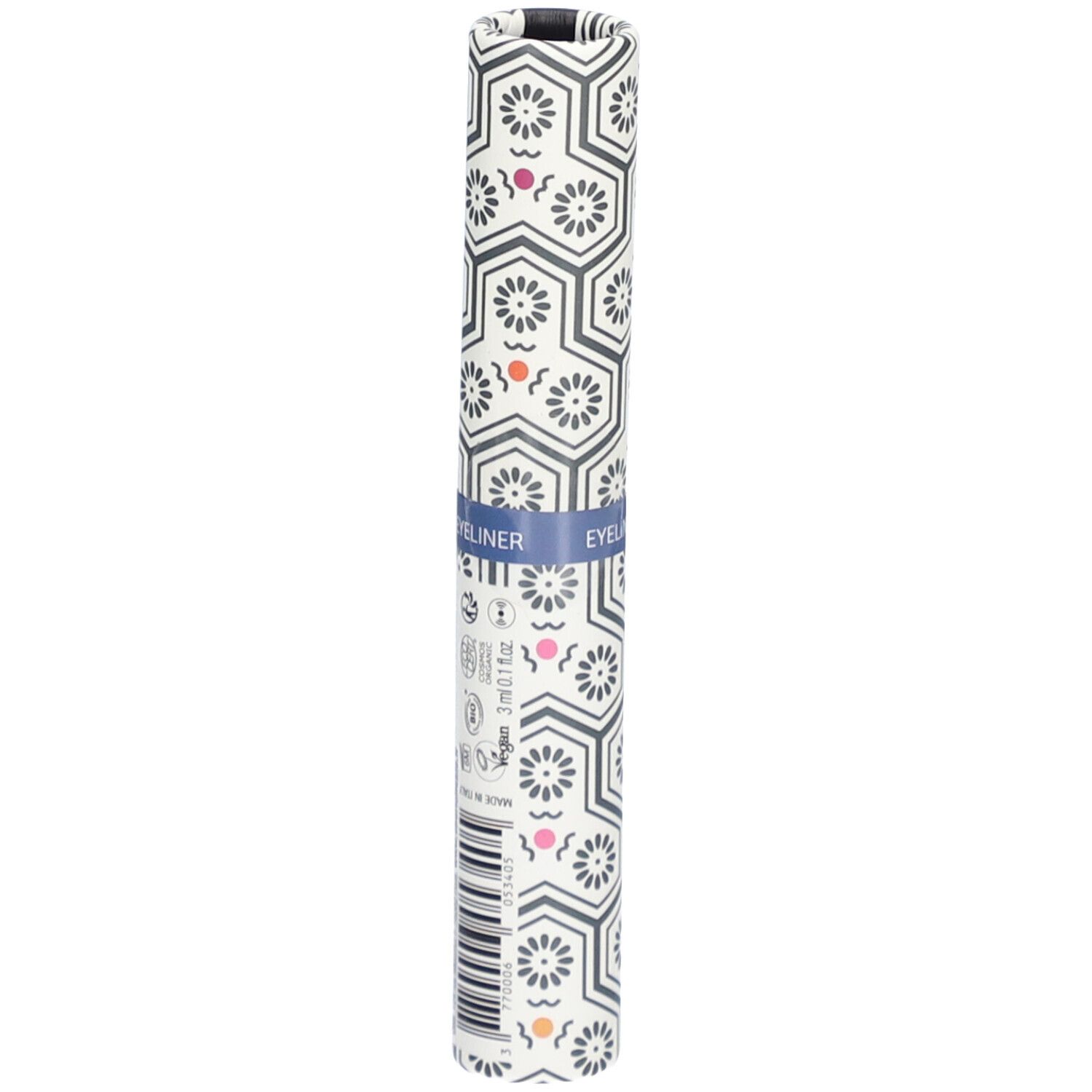 Zylindrische Verpackung mit Muster. Aufschrift: EYELINER.  Blaues Band.  Vegan-Logo.