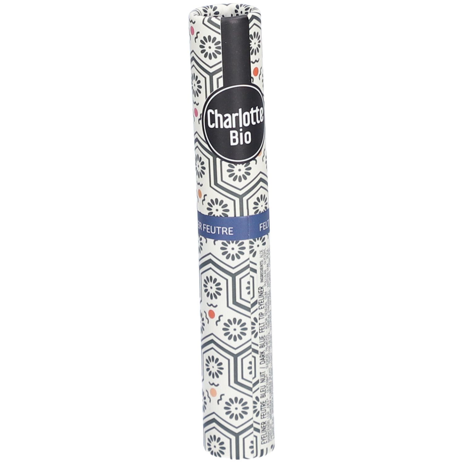 Eyeliner-Stift in zylindrischer Verpackung. Marke Charlotte Bio. Aufschrift: FEUTRE, FELT TIP EYELINER.