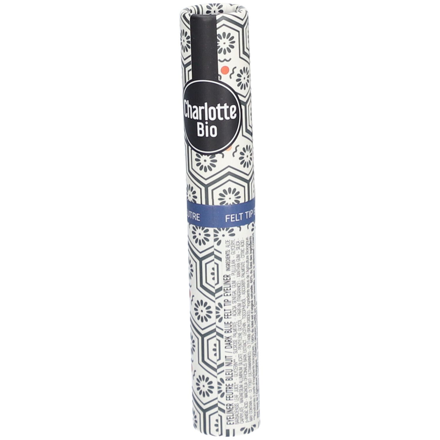 Eyeliner-Stift in zylindrischer Verpackung. Marke Charlotte Bio. Aufschrift: FELT TIP EYELINER.