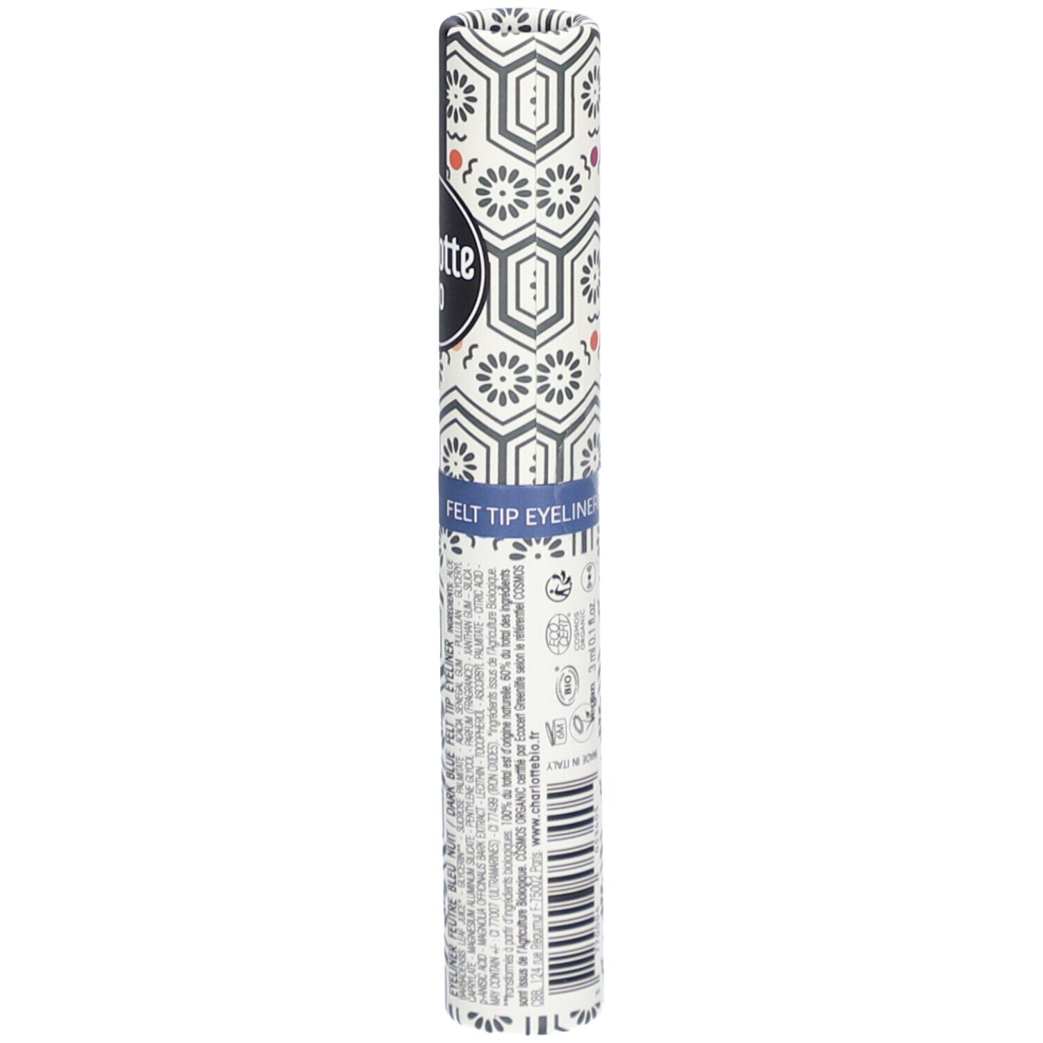 Zylindrische Verpackung mit Muster. Aufschrift: FELT TIP EYELINER.  Blaues Band.  Text.
