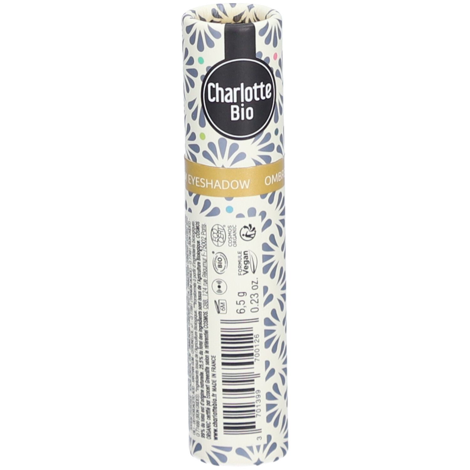 Zylinderförmige Verpackung. Aufschrift: Charlotte Bio, Eyeshadow Ombre. Vegan-Siegel. 6,5 g, 0,23 oz.