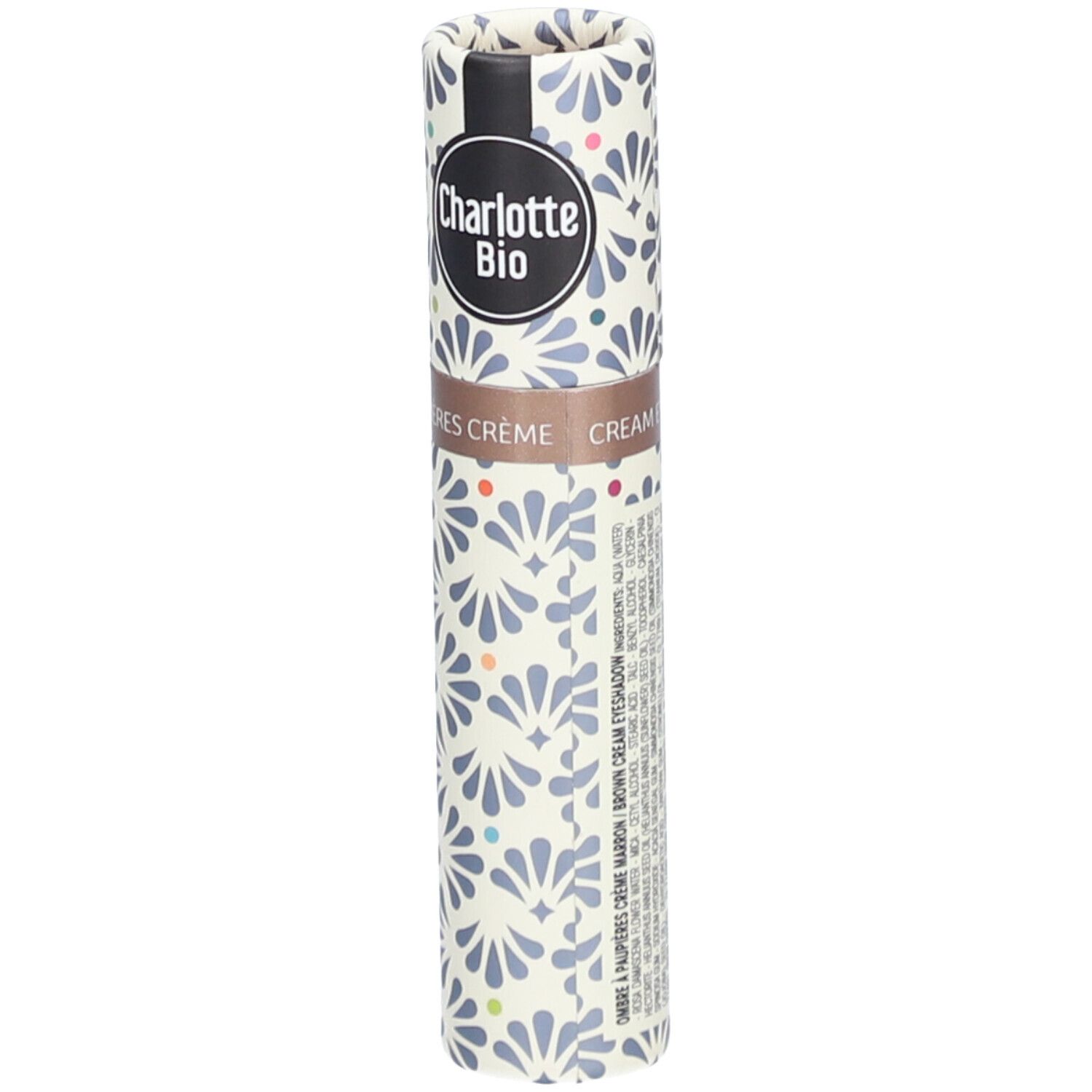 Emballage cylindrique à motifs floraux. Logo Charlotte Bio. Texte: ES CREME. Produit: L'ombre d'epaupaupières liquide BIO.