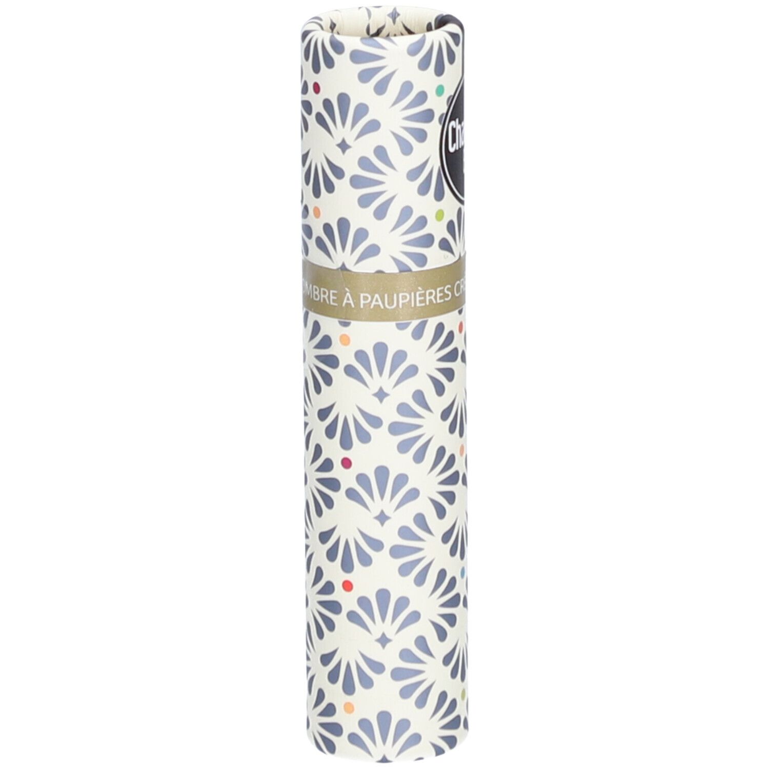 Zylindrische Verpackung mit floralem Muster. Text: Ombre à paupières crème.  