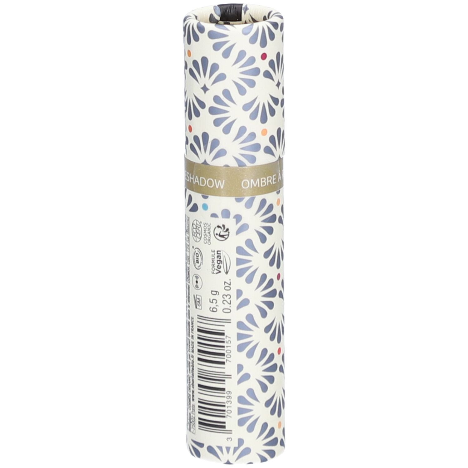 Zylindrische Verpackung mit floralem Muster. Text: Ombre à paupières crème. Vegan-Logo. 6,5 g / 0,23 oz.