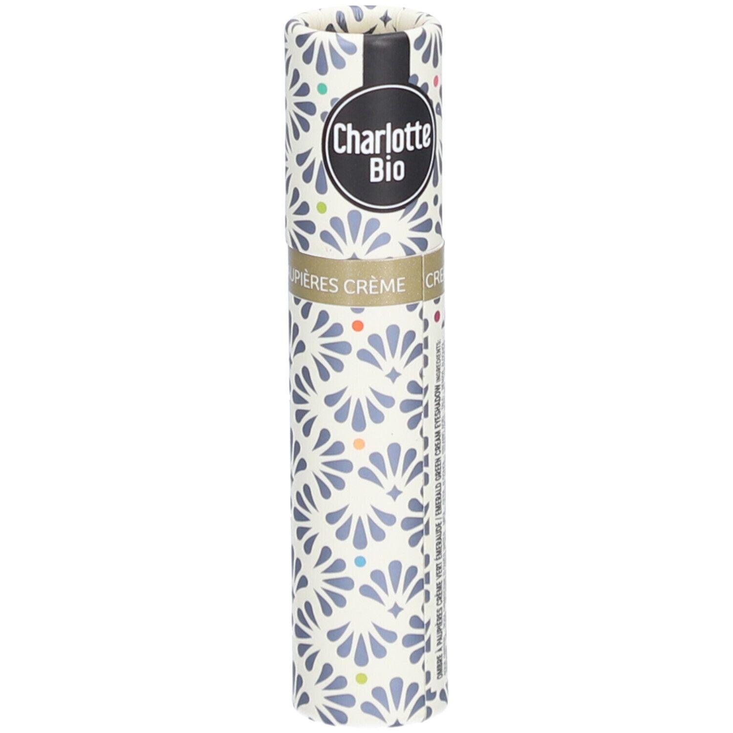 Zylindrische Verpackung mit floralem Muster. Oben: Charlotte Bio Logo. Text: Flüssiger Lidschatten BIO Smaragdgrün.