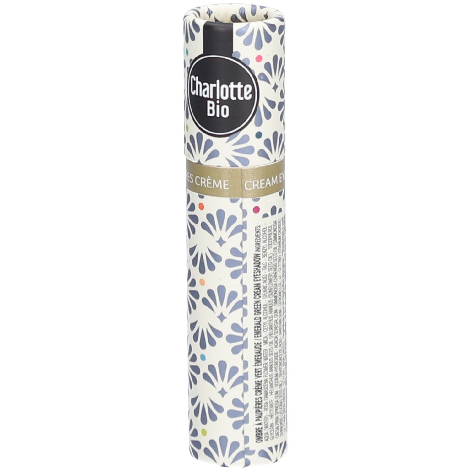 Zylindrische Verpackung mit floralem Muster. Oben: Charlotte Bio Logo. Text: Flüssiger Lidschatten BIO Smaragdgrün.