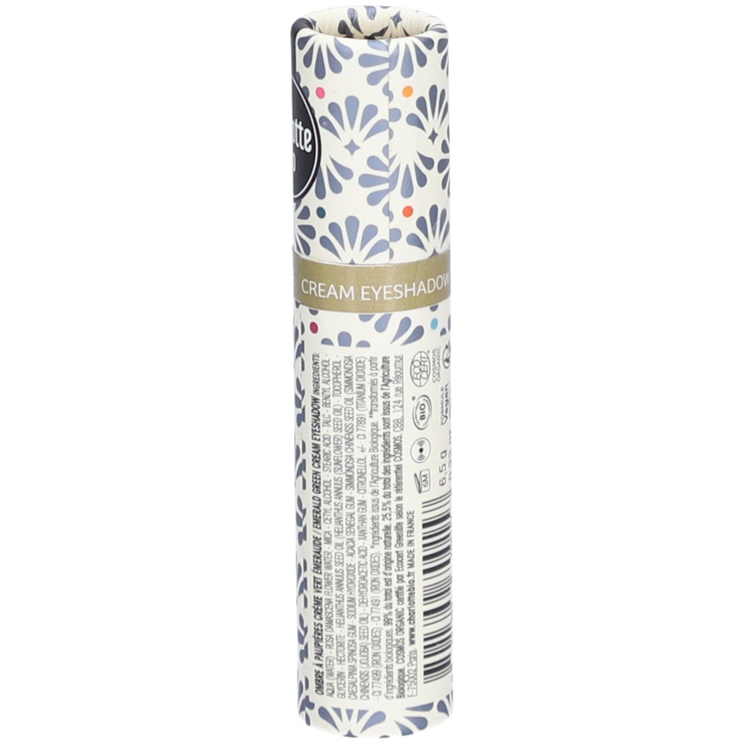 Zylindrische Verpackung mit floralem Muster. Text: Cream Eyeshadow. Inhaltsstoffe, Vegan-Logo. 6,5 g.
