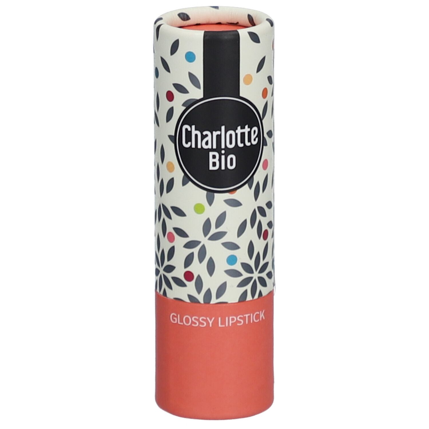 Zylindrische Verpackung mit Lippenstift. Charlotte Bio Logo, floralem Muster und "Glossy Lipstick" Schriftzug.
