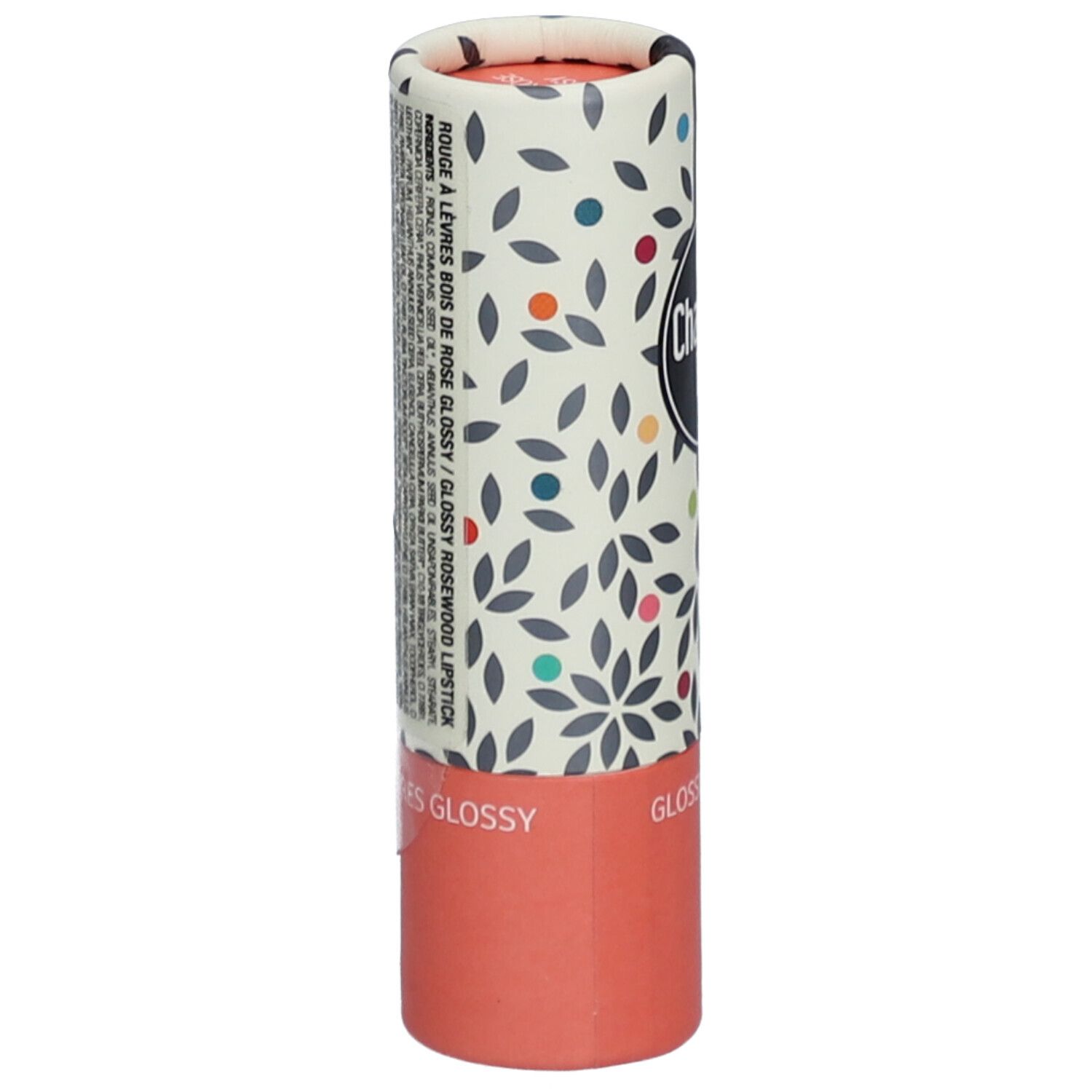 Zylindrische Lippenstiftverpackung mit floralem Muster. Text in Französisch. Unterer Teil in Lachsfarbe.