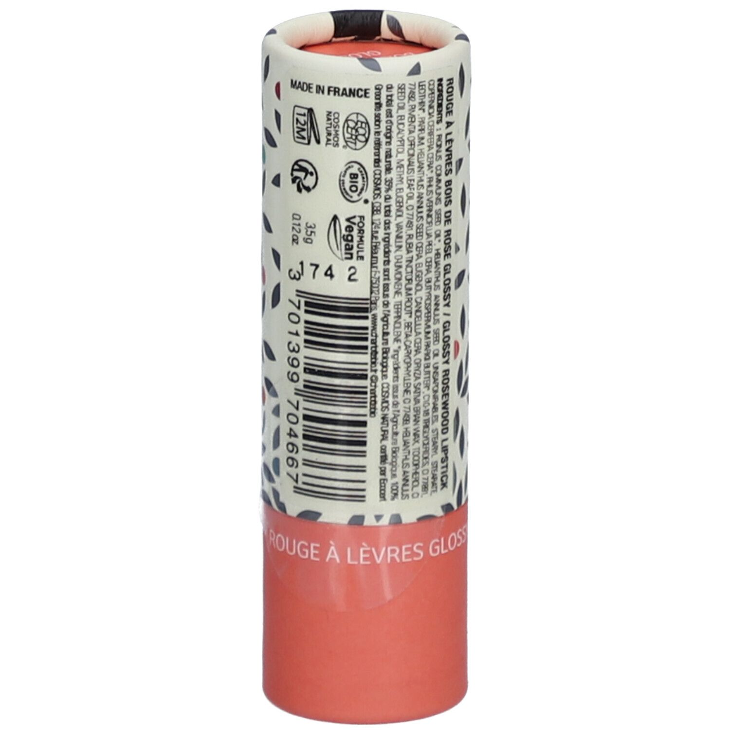 Lippenstiftverpackung mit Barcode, Text und Logos. "Made in France", Vegan-Logo, Bio-Siegel.