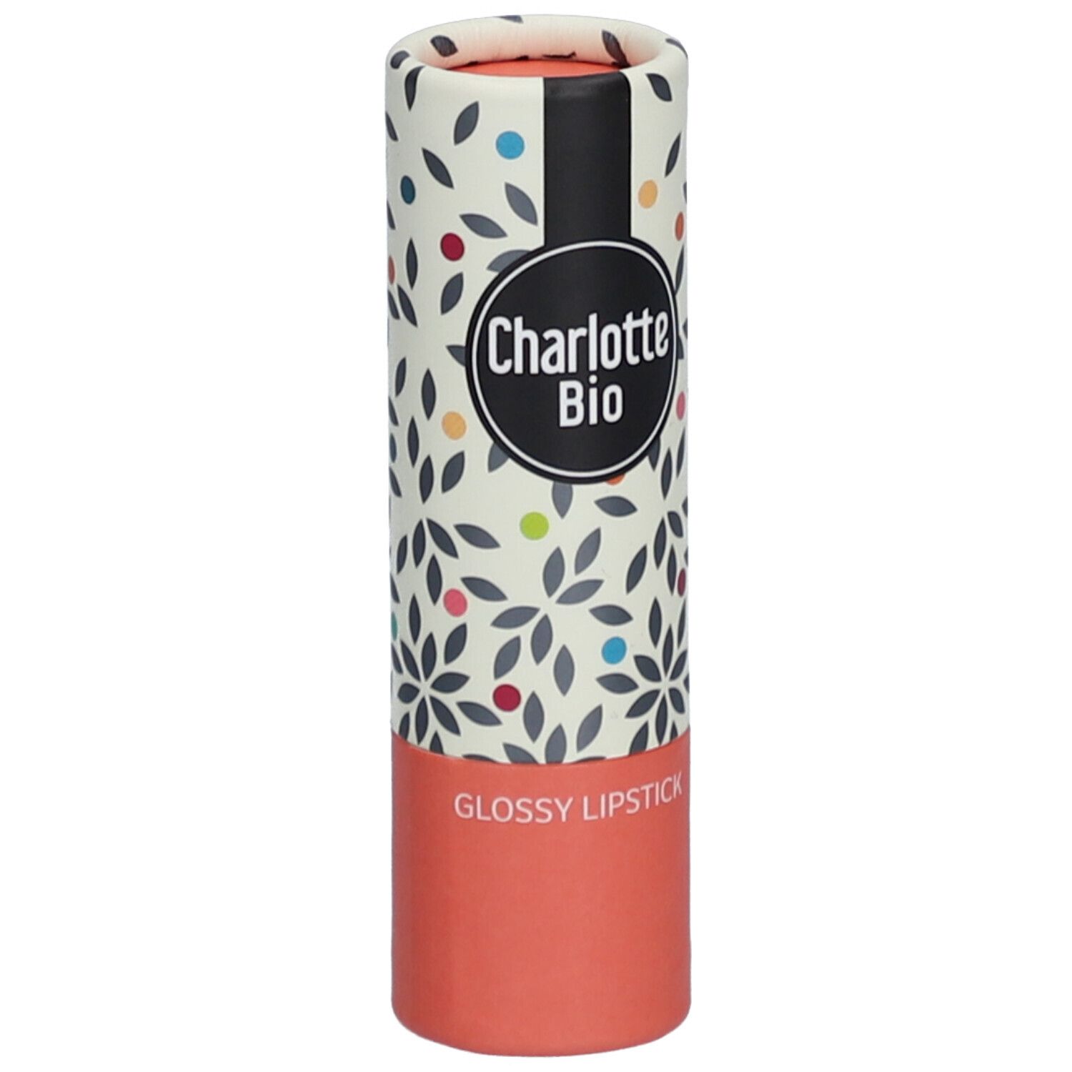 Zylindrische Lippenstiftverpackung. Charlotte Bio Logo, floralem Muster und "Glossy Lipstick" Schriftzug.