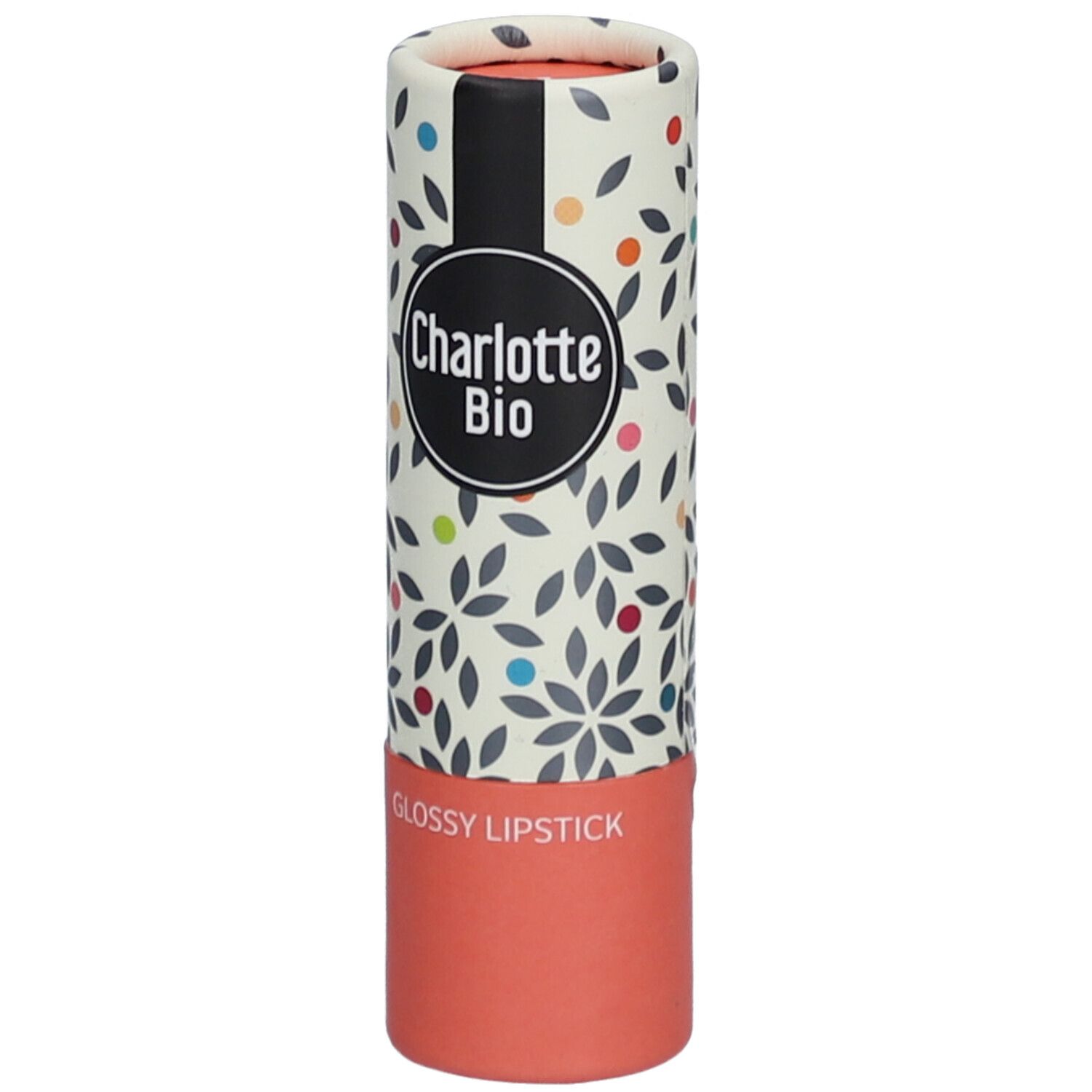 Zylindrische Lippenstiftverpackung. Charlotte Bio Logo, floralem Muster und "Glossy Lipstick" Schriftzug.