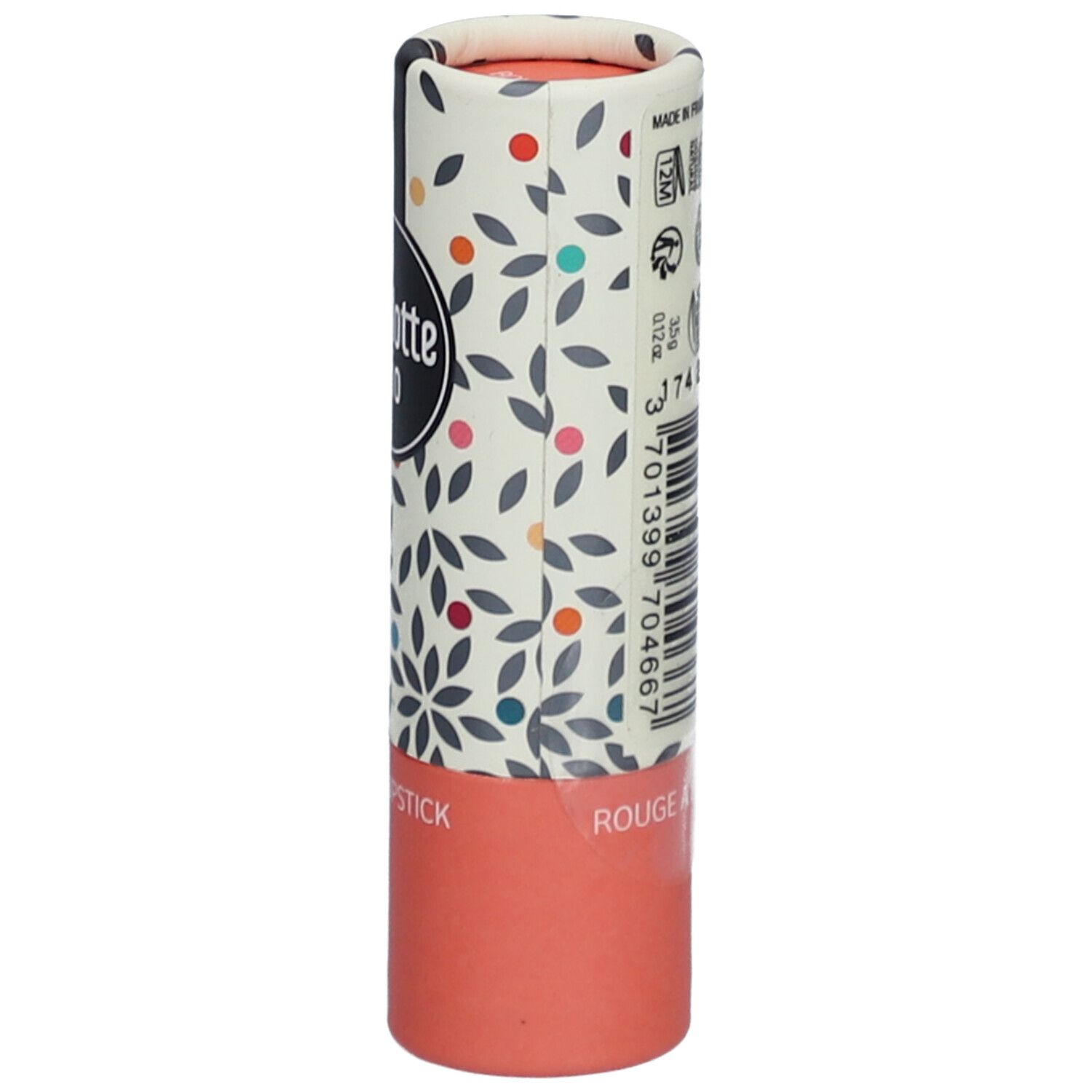 Lippenstiftverpackung mit Text, Logos und Barcode. "Rouge à lèvres glossy". Bio-Siegel und Vegan-Logo.