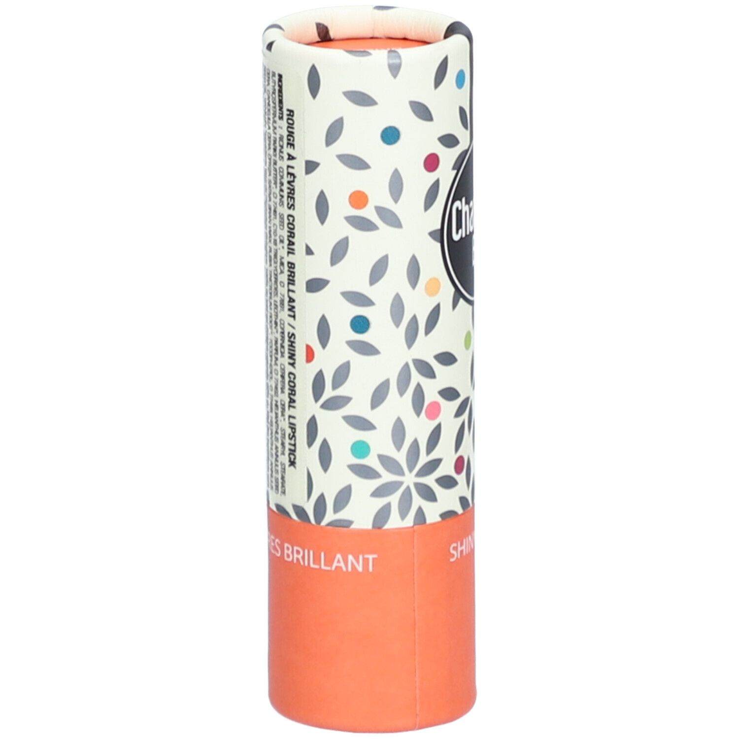 Lippenstift-Verpackung. Zylindrische Form, floral bedruckt. Text: Rouge à lèvres brillant, Shiny Coral Lipstick.