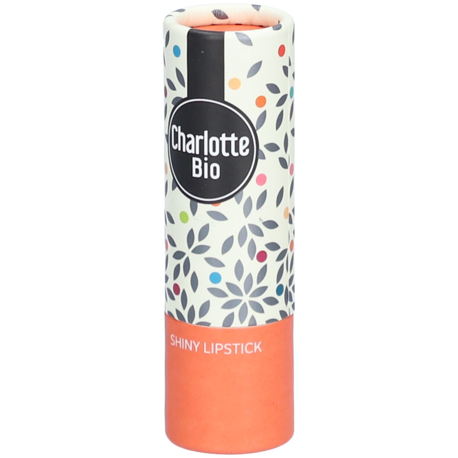 Lippenstift-Verpackung. Zylindrische Form, floral bedruckt. Marke Charlotte Bio, Schriftzug Shiny Lipstick.