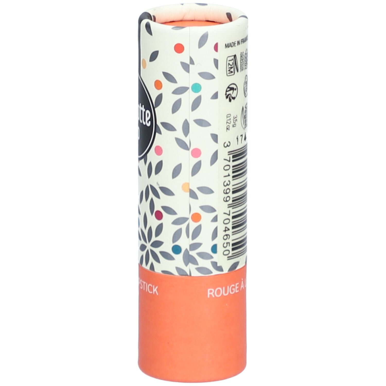 Lippenstift-Verpackung. Zylindrisch, floral bedruckt. Text: Rouge à lèvres brillant. Barcode, Vegan-Logo, Made in France.