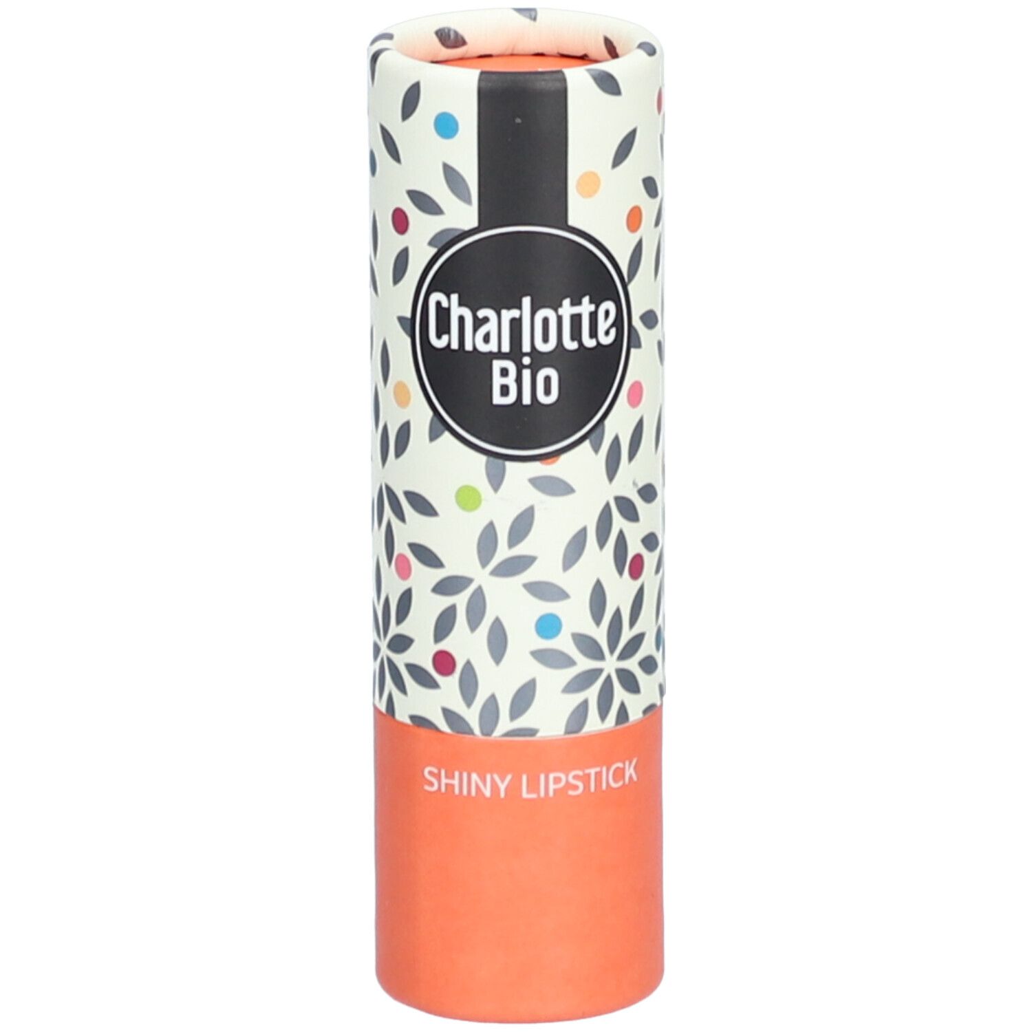 Lippenstift-Verpackung. Zylindrische Form, floral bedruckt. Marke Charlotte Bio, Schriftzug Shiny Lipstick.