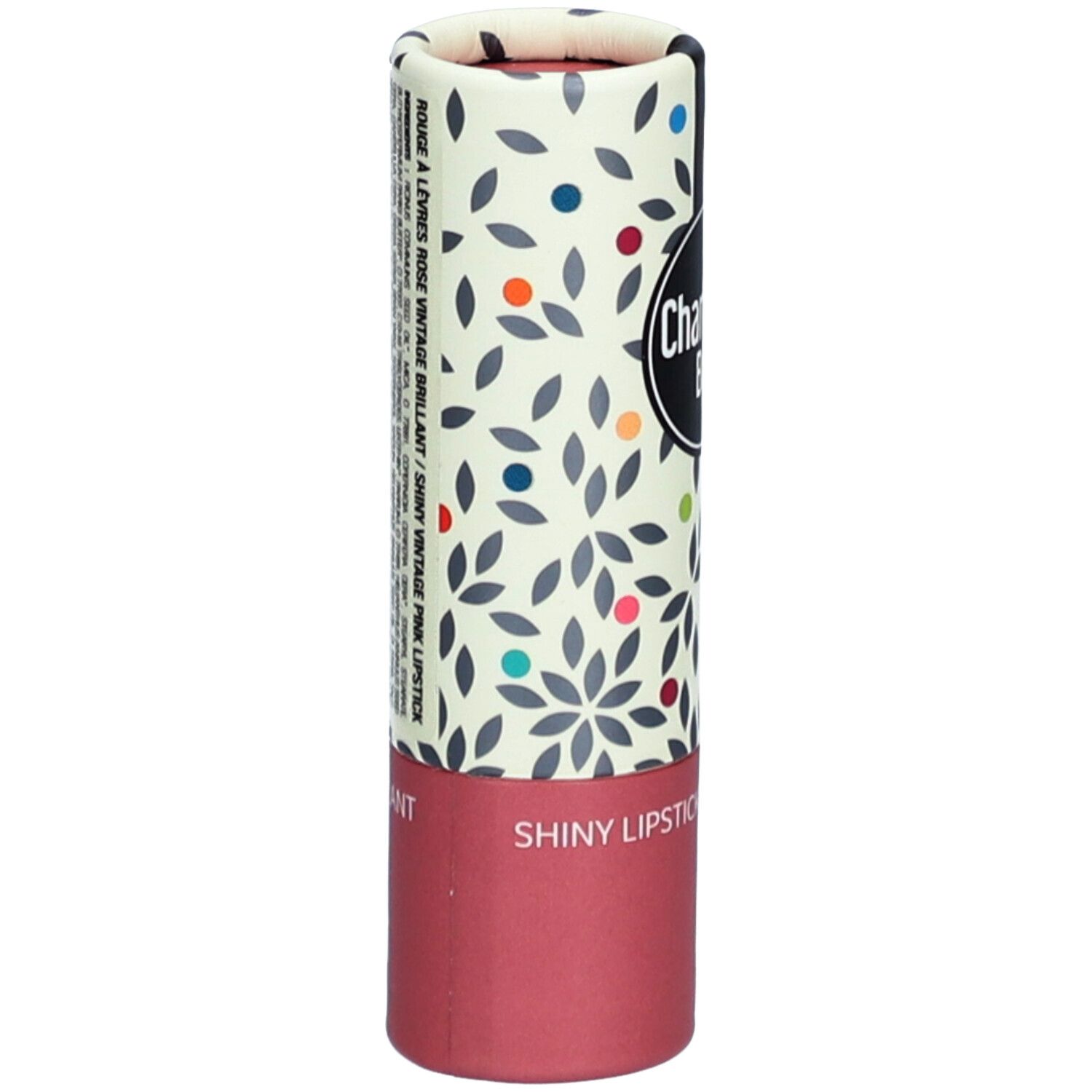 Zylindrische Lippenstiftverpackung mit floralem Muster und farbigen Punkten. Text: "SHINY LIPSTICK". Logo "Charlotte Bio".