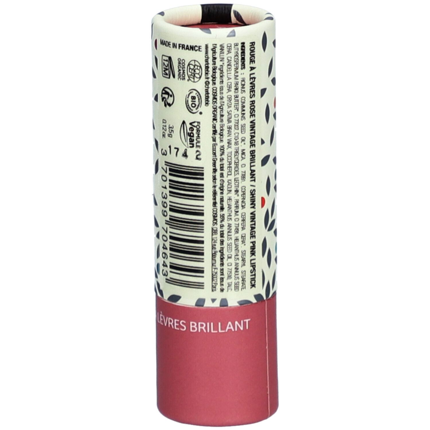 Zylindrische Lippenstiftverpackung mit floralem Muster. Text: "ROUGE A LEVRES ROSE VINTAGE BRILLANT". Barcode und Zertifizierungen.