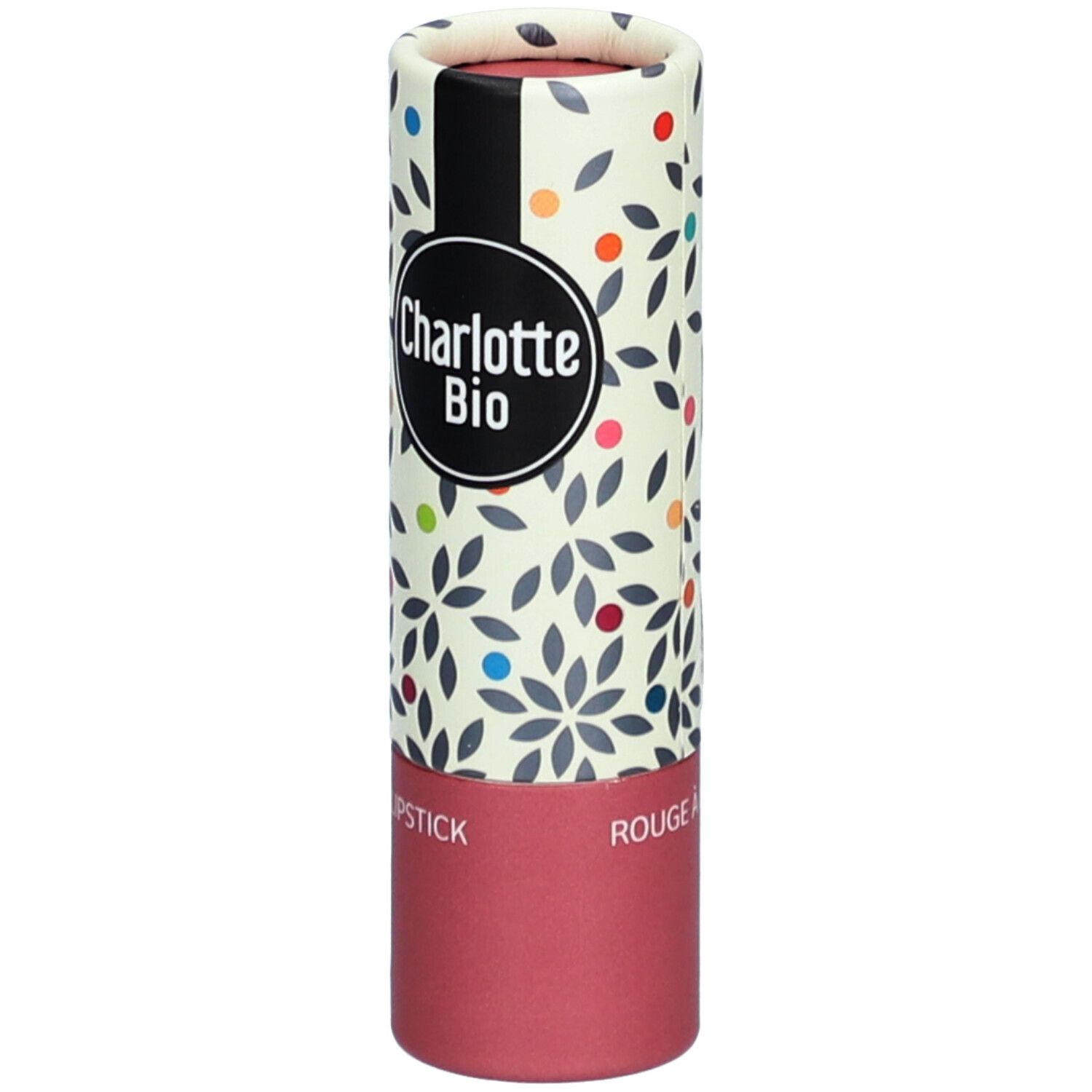 Lippenstift in zylindrischer Verpackung. Verpackung mit floralem Muster und farbigen Punkten. Schwarzes Logo mit "Charlotte Bio".