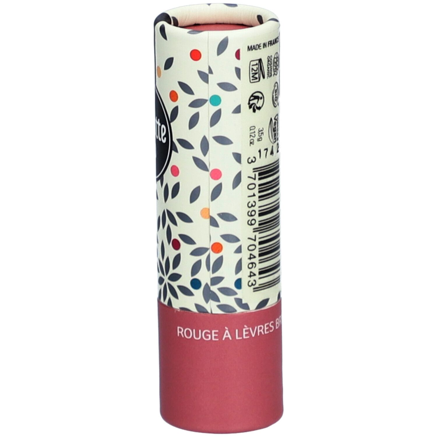Zylindrische Lippenstiftverpackung mit floralem Muster. Text: "ROUGE À LÈVRES BRILLANT". Aufdrucke: 12M, Vegan, Bio-Zertifizierung.