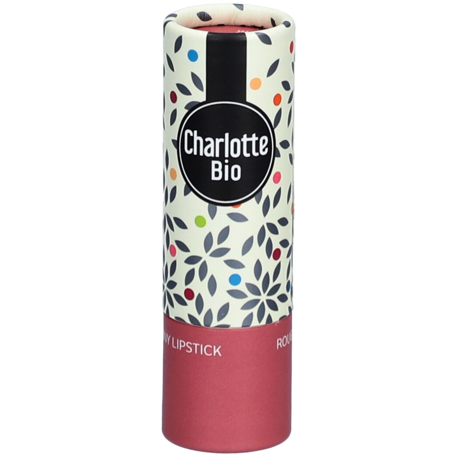 Lippenstift in zylindrischer Verpackung. Verpackung mit floralem Muster und farbigen Punkten. Schwarzes Logo mit "Charlotte Bio".