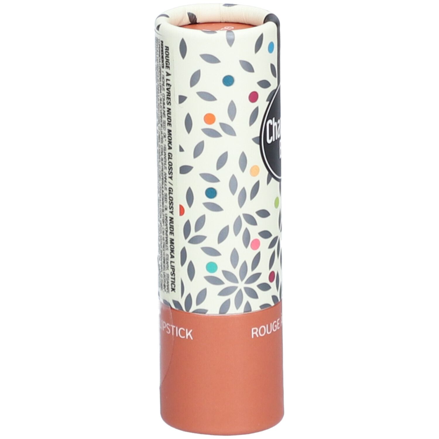 Lippenstift-Verpackung. Charlotte Bio, Rouge à lèvres Glossy. Zylindrisch, floral bedruckt, brauner Farbton. Text.