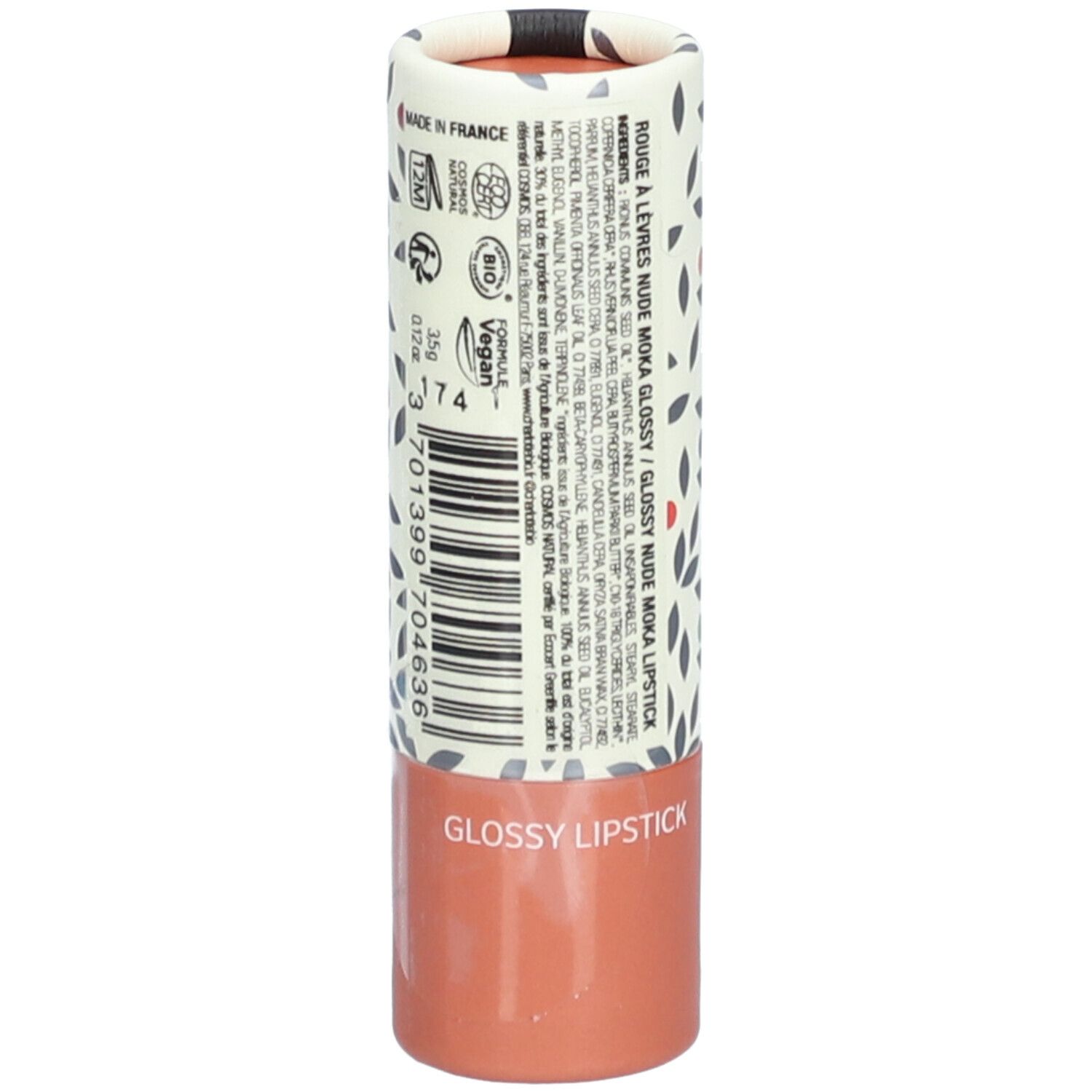 Lippenstift-Verpackung. Charlotte Bio, Rouge à lèvres Glossy. Zylindrisch, floral bedruckt, brauner Farbton. Text.
