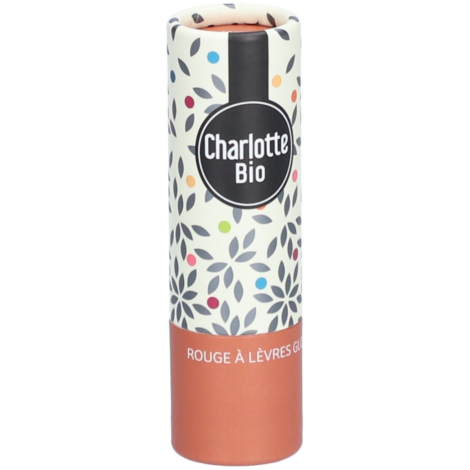 Lippenstift-Verpackung. Charlotte Bio, Rouge à lèvres Glossy. Zylindrische Form, floral bedruckt, brauner Farbton.