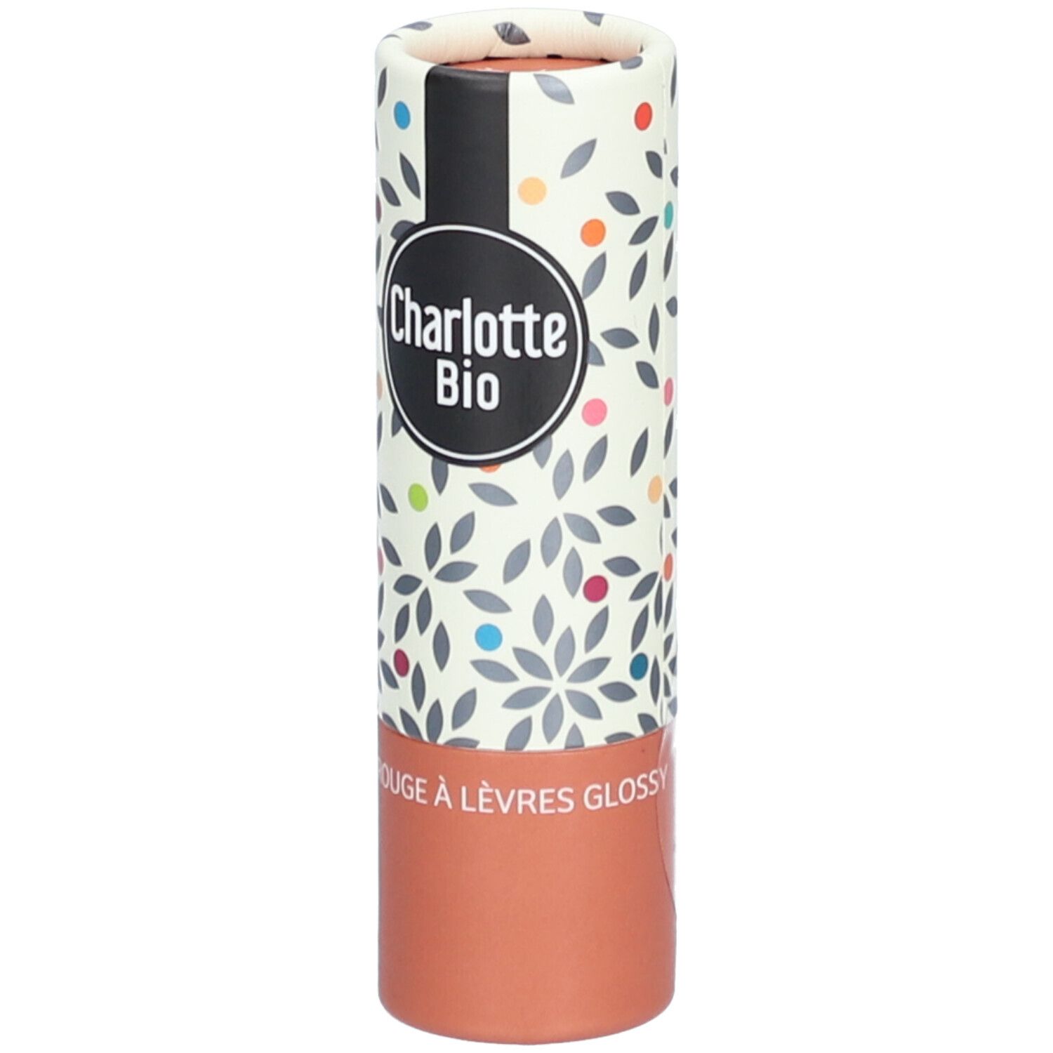 Lippenstift-Verpackung. Charlotte Bio, Rouge à lèvres Glossy. Zylindrische Form, floral bedruckt, brauner Farbton.