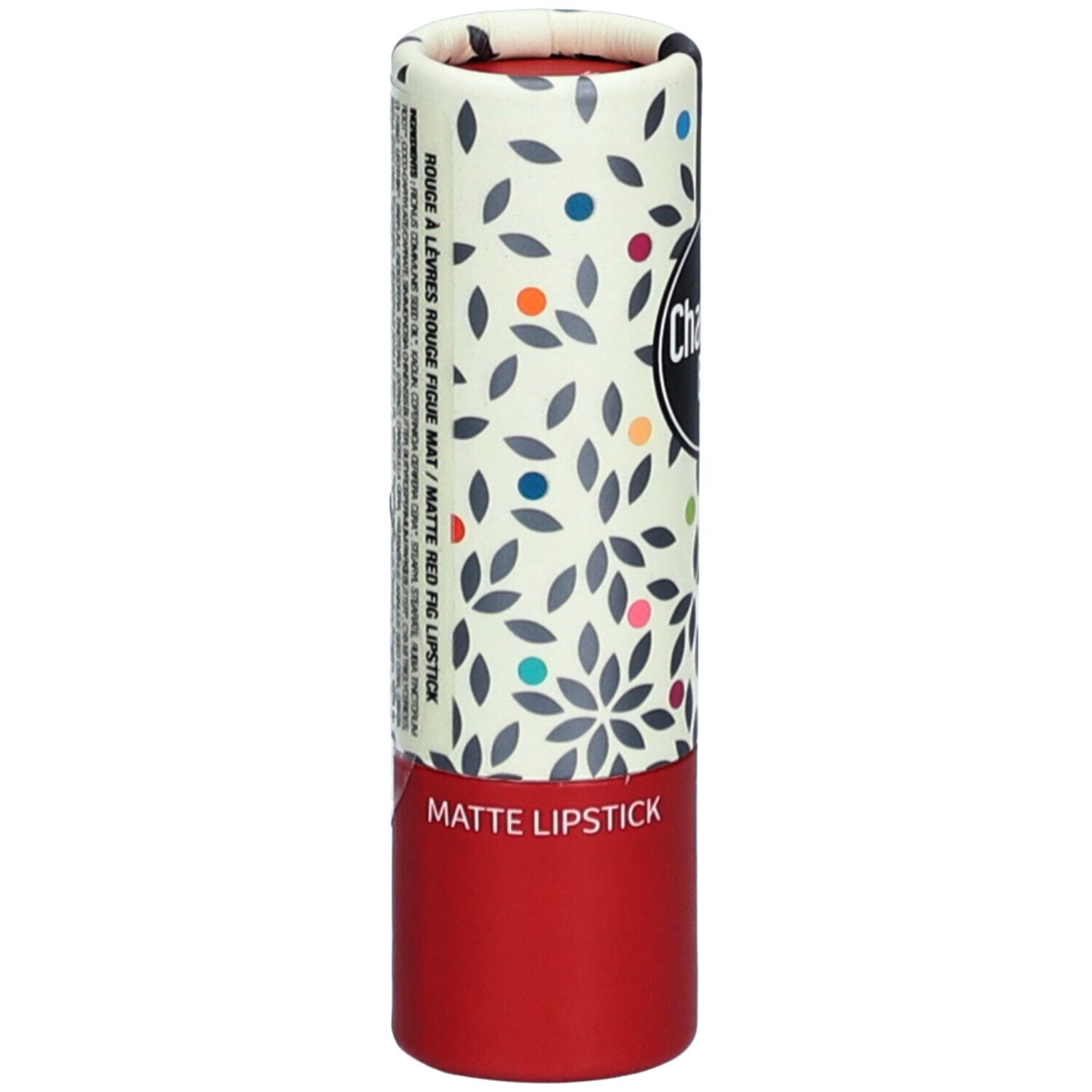 Lippenstift-Verpackung. Zylindrische Hülse mit floralem Muster und rotem Boden. Text: Matte Lipstick.