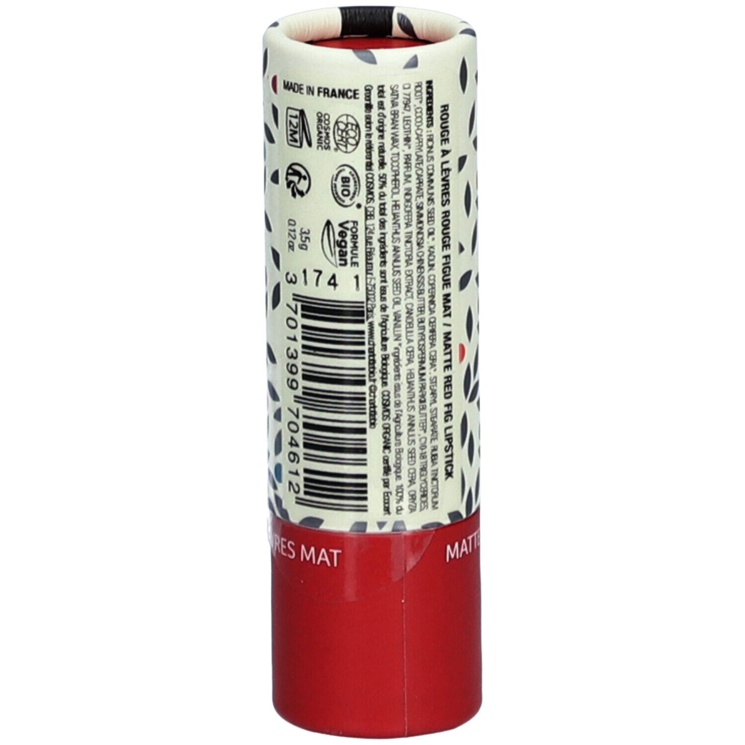 Lippenstift-Verpackung. Zylindrische Hülse mit floralem Muster und rotem Boden. Text und Logos.