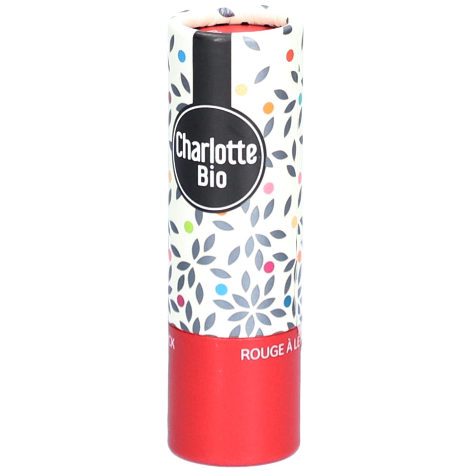 Lippenstift-Verpackung. Zylindrische Hülse mit floralem Muster und rotem Boden. Logo: Charlotte Bio.