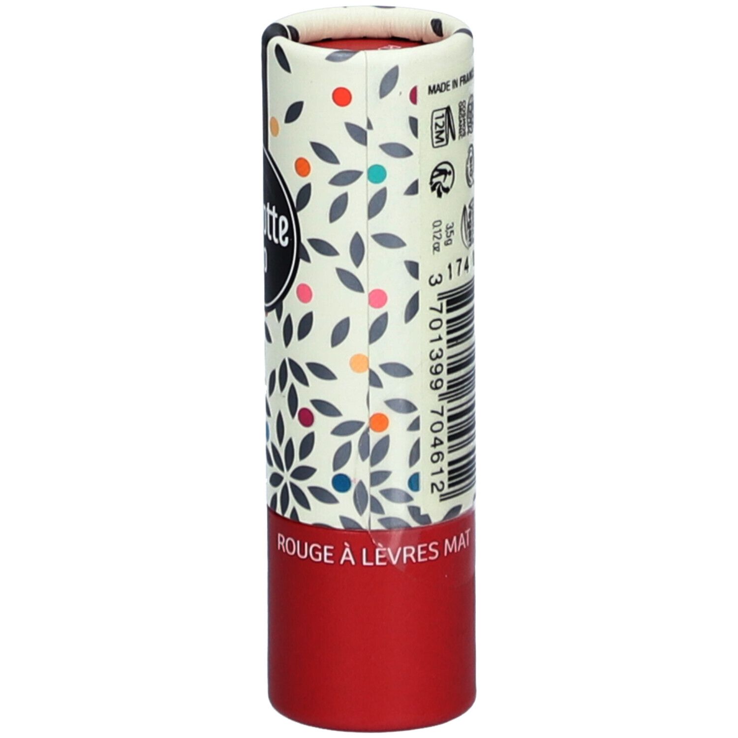 Lippenstift-Verpackung. Zylindrische Hülse mit floralem Muster und rotem Boden. Text und Logos.