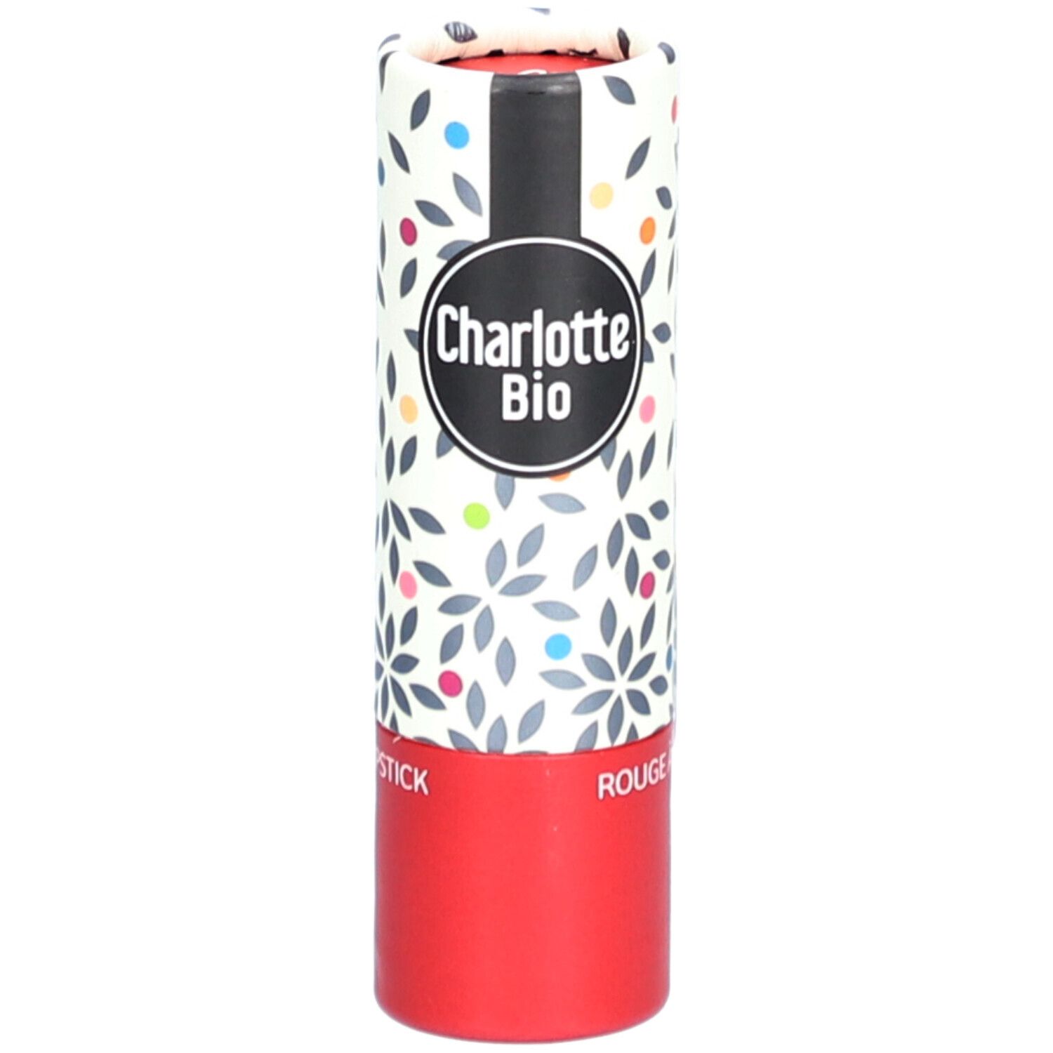 Lippenstift-Verpackung. Zylindrische Hülse mit floralem Muster und rotem Boden. Logo: Charlotte Bio.