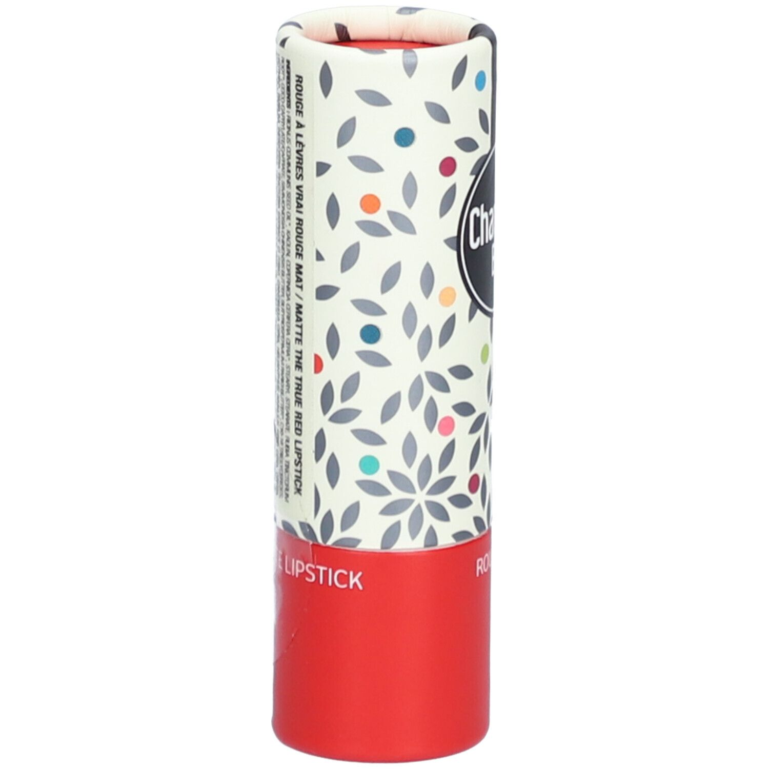 Zylindrische Lippenstiftverpackung, rot-weiß mit floralem Muster. Text: Rouge à Lèvres Vrai Rouge Mat. Charlotte Bio.