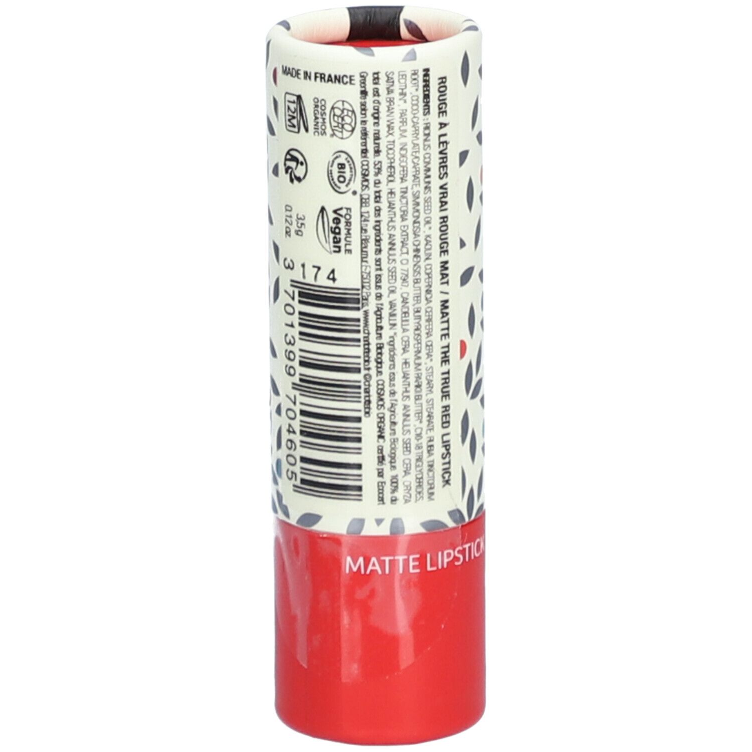 Lippenstiftverpackung mit Text und Logos. Text: Rouge à Lèvres Mat. Inhaltsstoffe, Bio-Siegel, Vegan-Logo. Made in France.