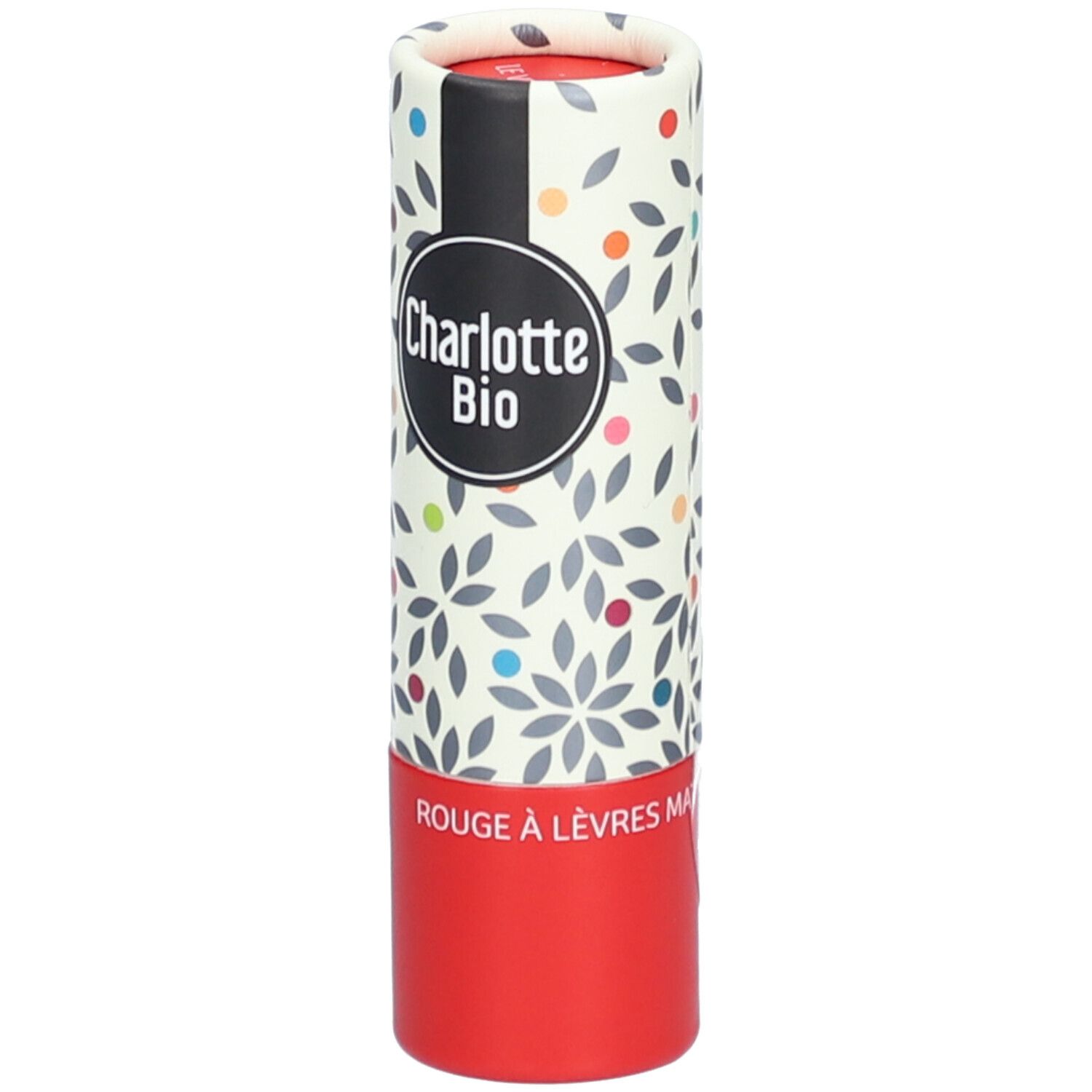 Lippenstift-Verpackung. Zylindrisch, rot-weiß mit floralem Muster. Logo: Charlotte Bio. Text: Rouge à Lèvres Mat.