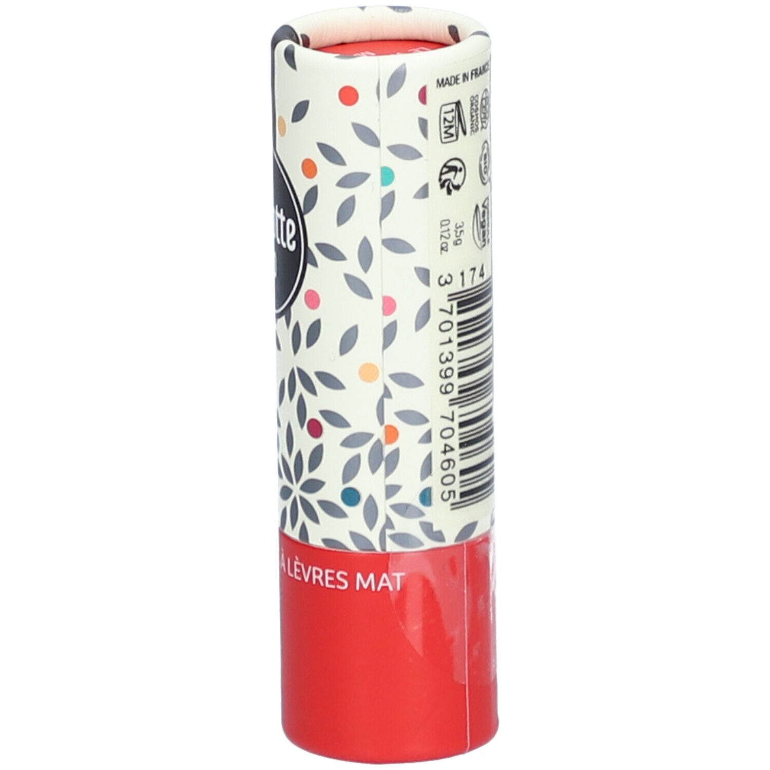 Lippenstiftverpackung mit Text und Logos. Text: Rouge à Lèvres Mat. Bio-Siegel, Vegan-Logo. Made in France.