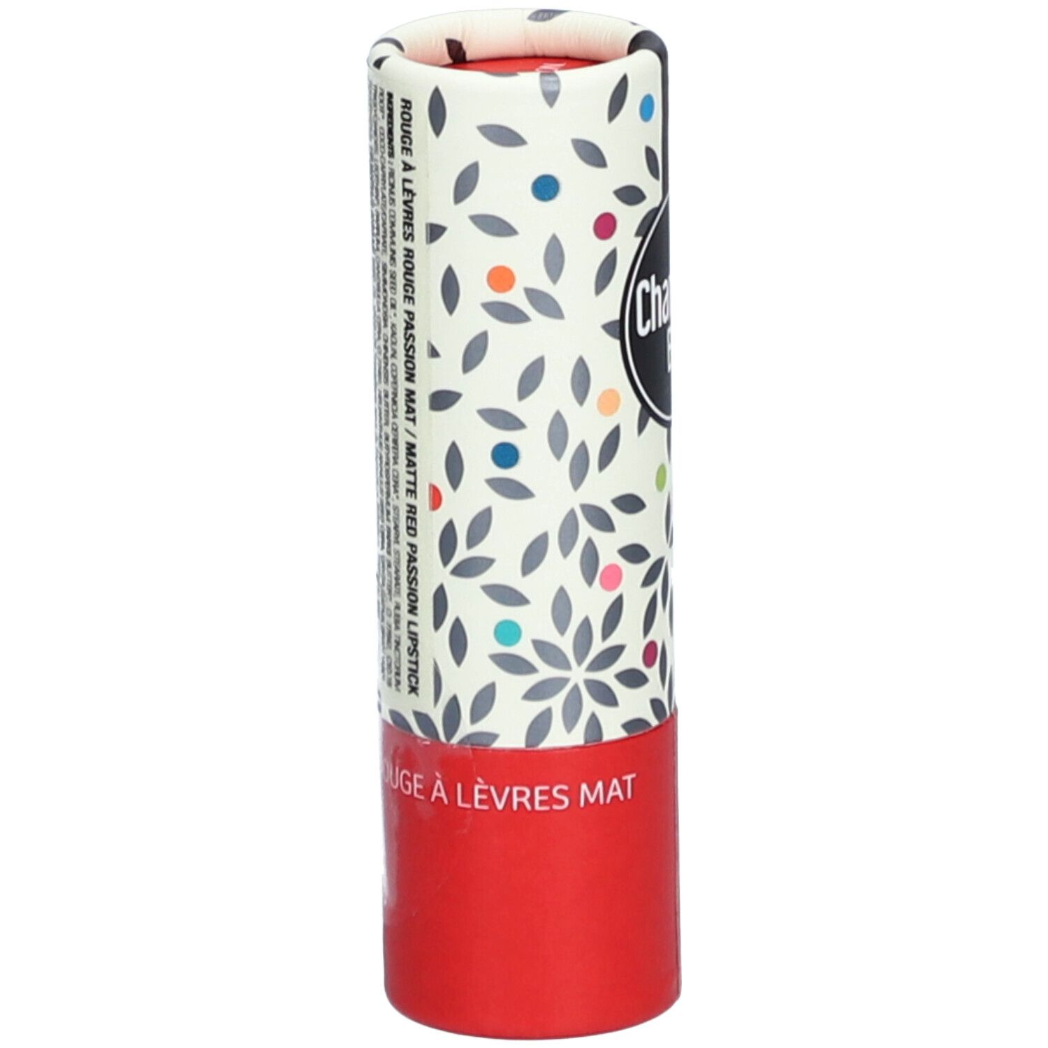 Zylindrische Verpackung mit floralem Muster und Text. Roter Boden, Text: ROUGE À LÈVRES ROUGE PASSION MAT.