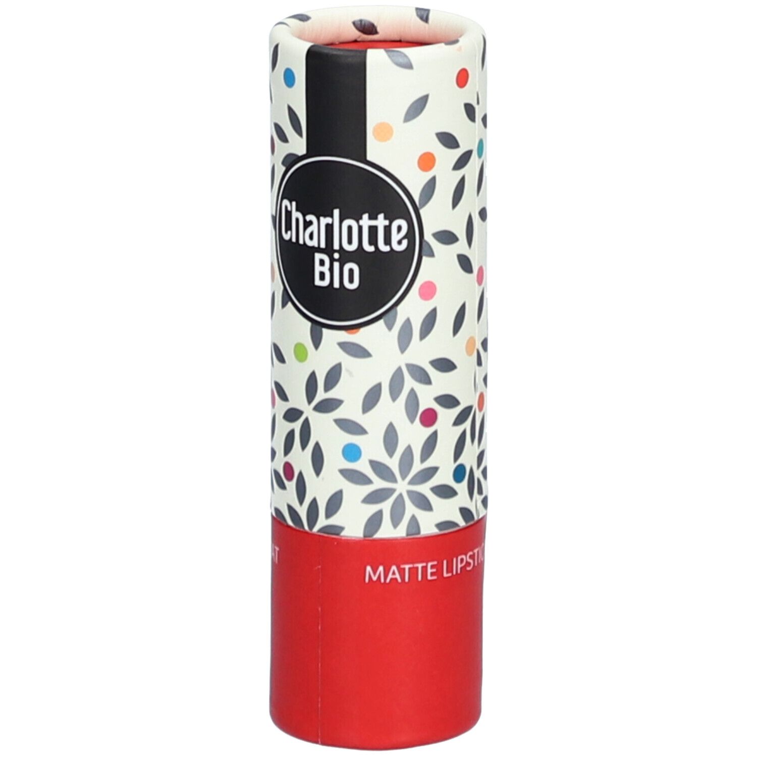 Zylindrische Verpackung mit floralem Muster und Logo Charlotte Bio. Roter Boden, schwarzer Streifen, MATTE LIPS.
