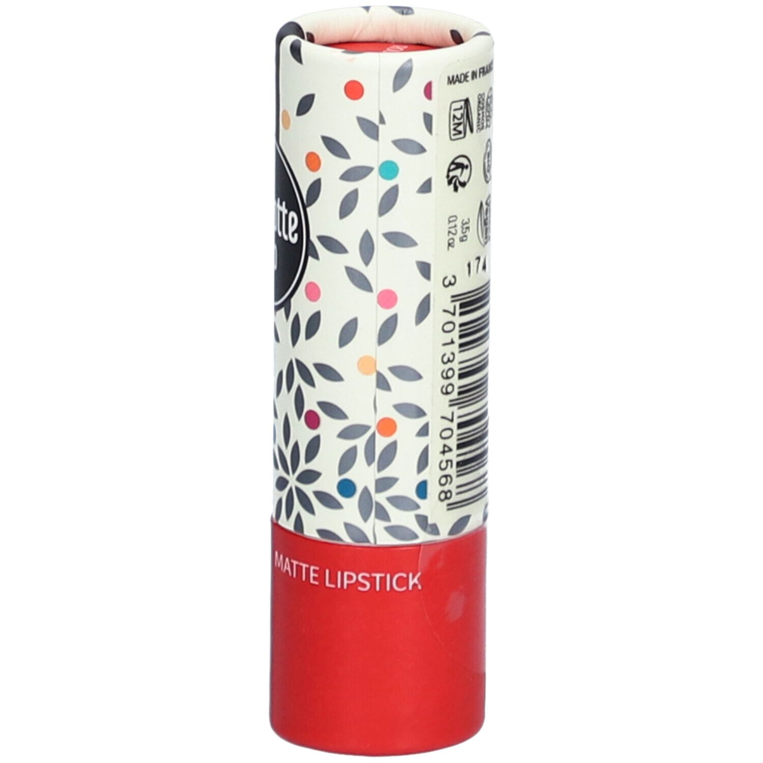 Zylindrische Verpackung mit floralem Muster, Text und Logos. Roter Boden, Text: MATTE LIPSTICK. Barcode.