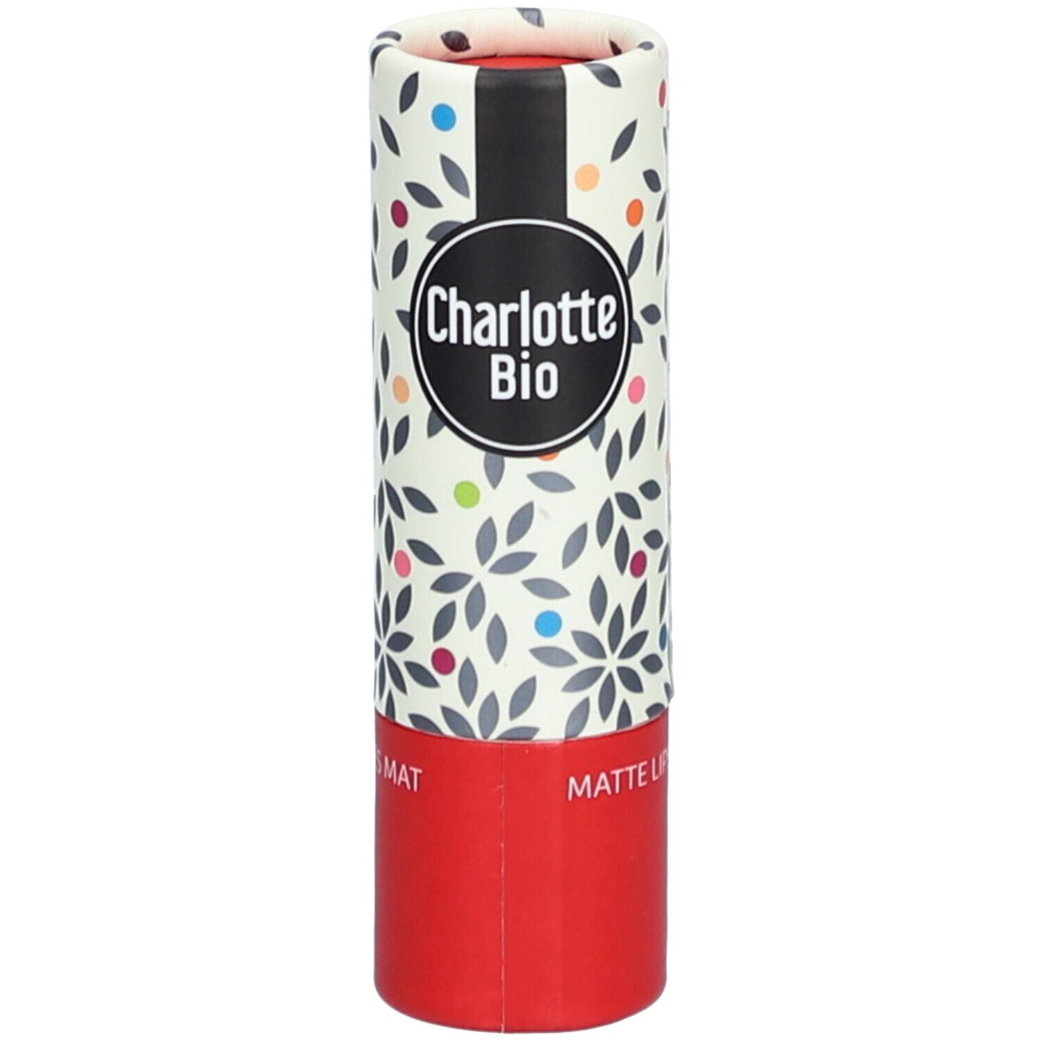 Zylindrische Verpackung mit floralem Muster und Logo Charlotte Bio. Roter Boden, schwarzer Streifen, MATTE LIPS.