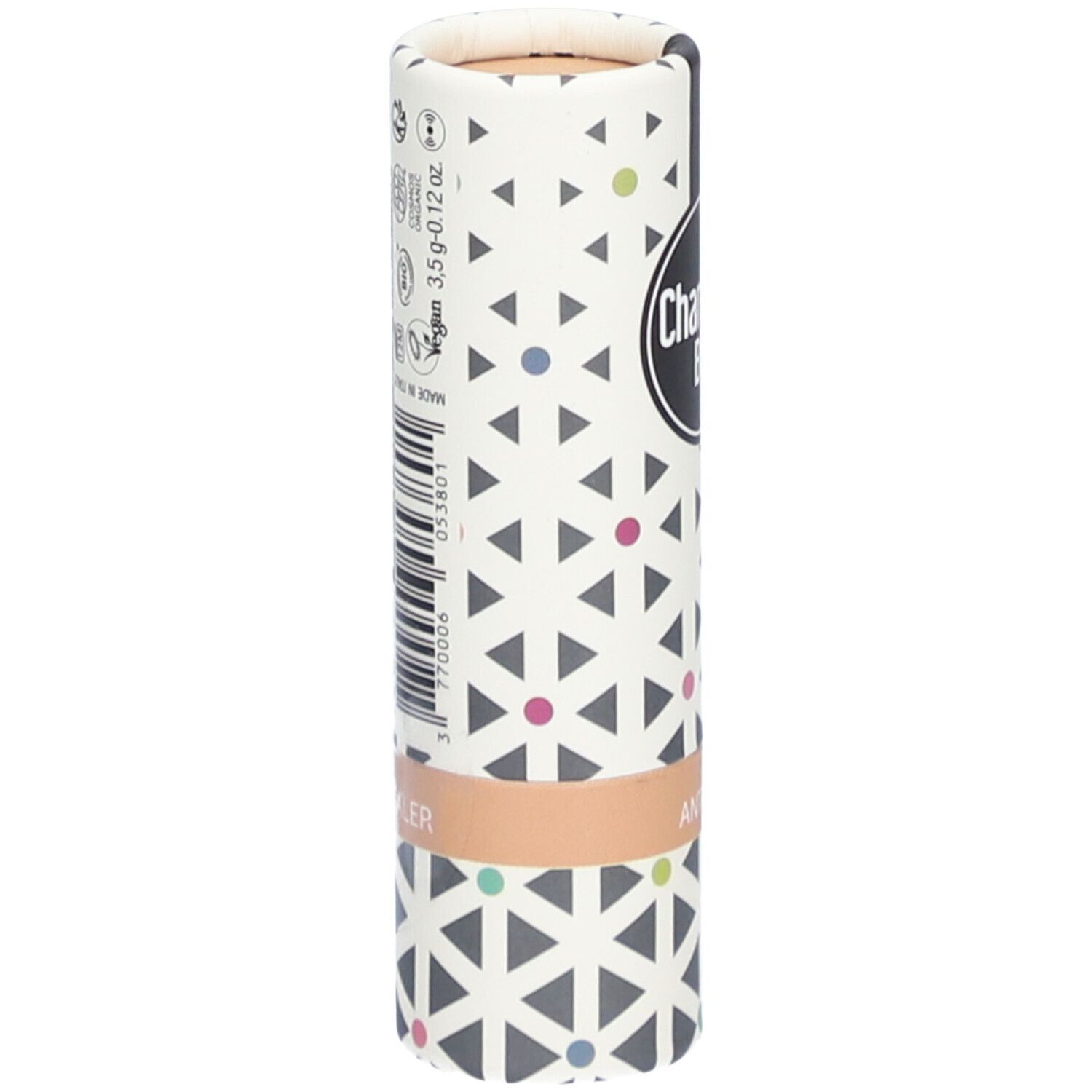 Zylindrische Verpackung mit Charlotte Bio Logo. Text und Barcode auf der Rückseite. Vegan-Logo und Gewicht.
