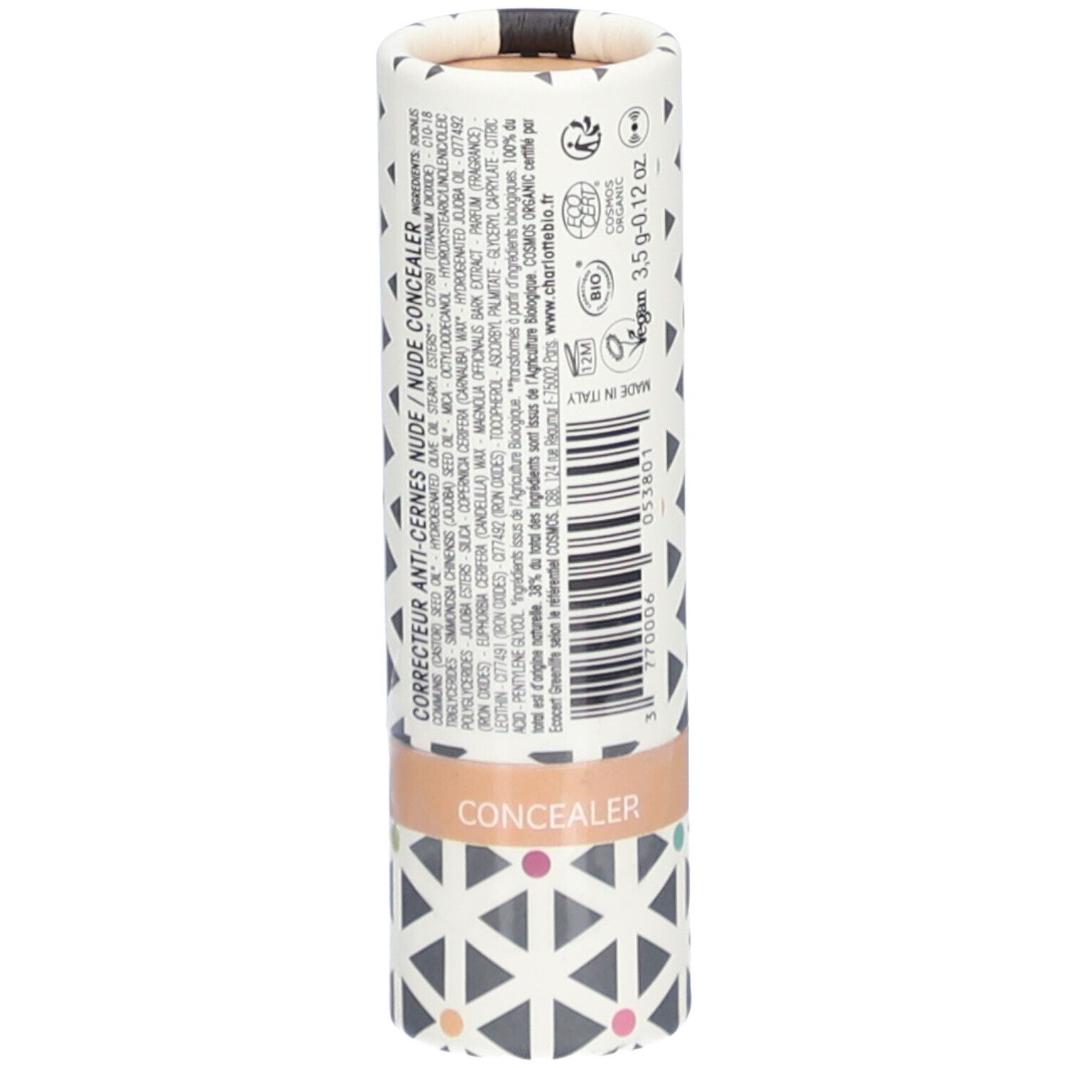 Zylindrische Verpackung mit Produktinformationen und Inhaltsstoffen. 'CONCEALER' Schriftzug. Vegan-Logo.