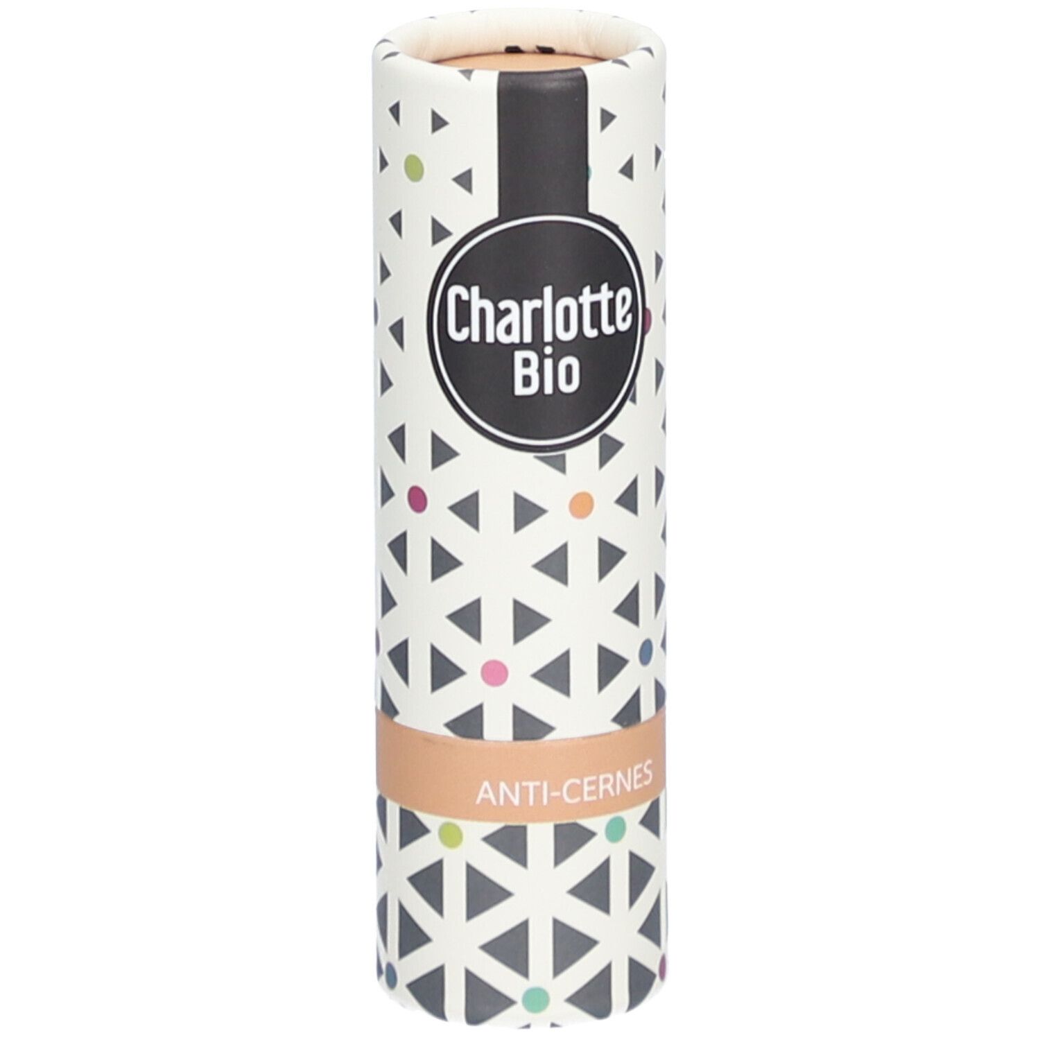 Zylindrische Verpackung mit Charlotte Bio Logo und 'ANTI-CERNES' Schriftzug. Geometrisches Muster mit farbigen Punkten.