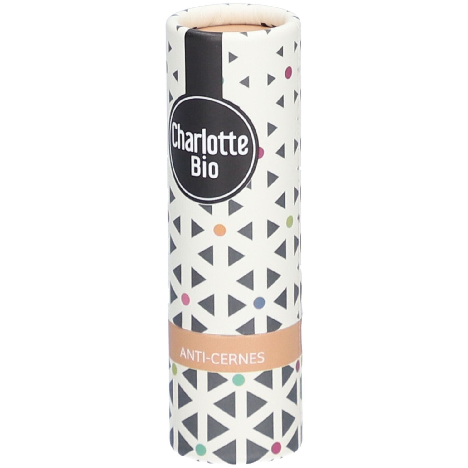 Zylindrische Verpackung mit Charlotte Bio Logo und 'ANTI-CERNES' Schriftzug. Geometrisches Muster mit farbigen Punkten.